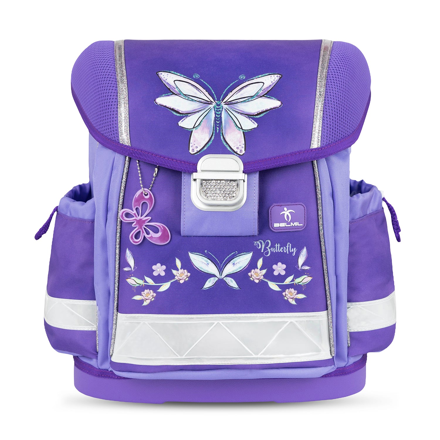 Close-up of the Belmil Classy Ergonomic School Bag Set for Girls “Starlight Wings” Design + Unicorn Raincoat – 4-Piece Back-to-School Bundle, showcasing detailed floral decorations and shimmering elements.