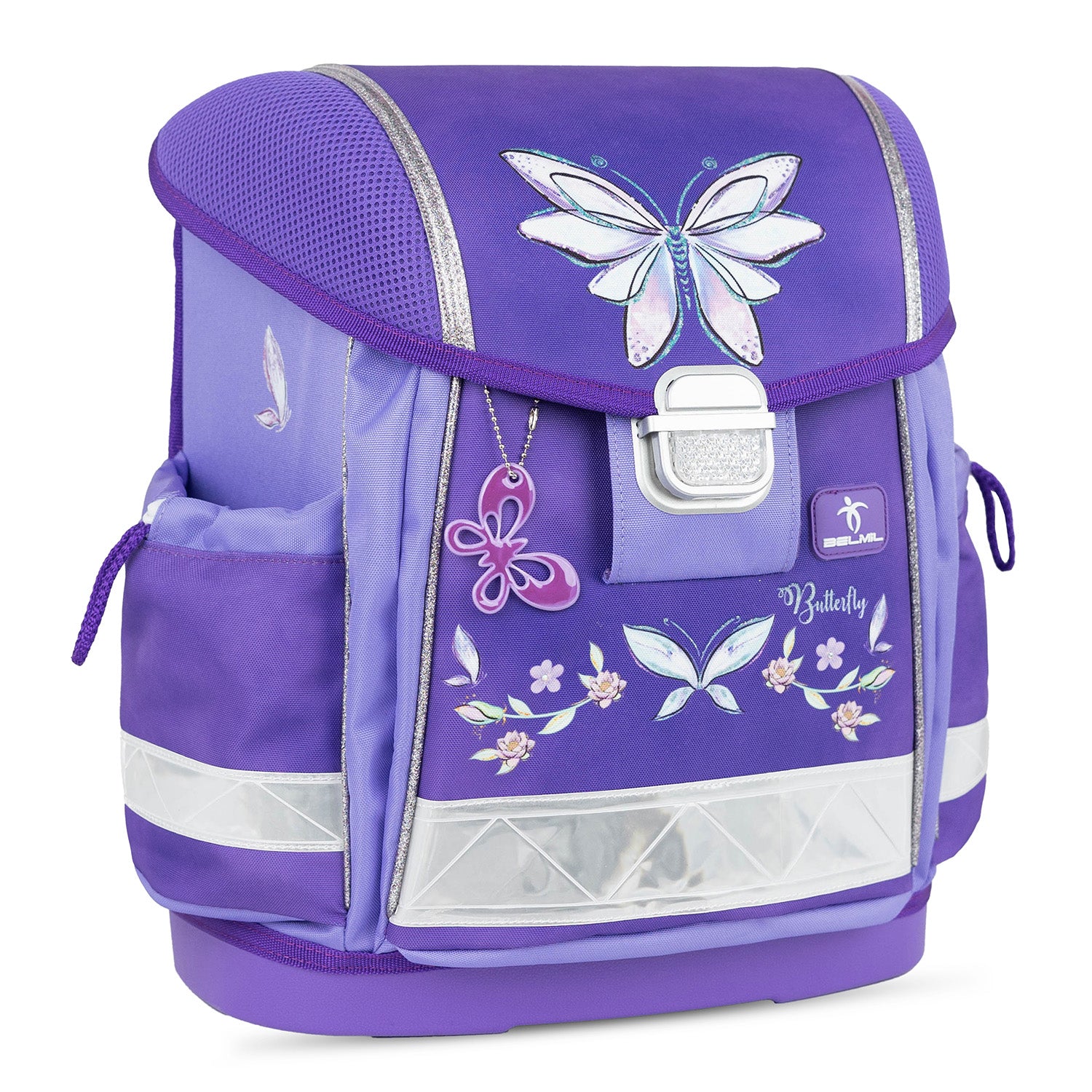 Complete view of the Belmil Classy Ergonomic School Bag Set for Girls “Starlight Wings” Design + Unicorn Raincoat – 4-Piece Back-to-School Bundle, highlighting the included gym bag and pencil cases.