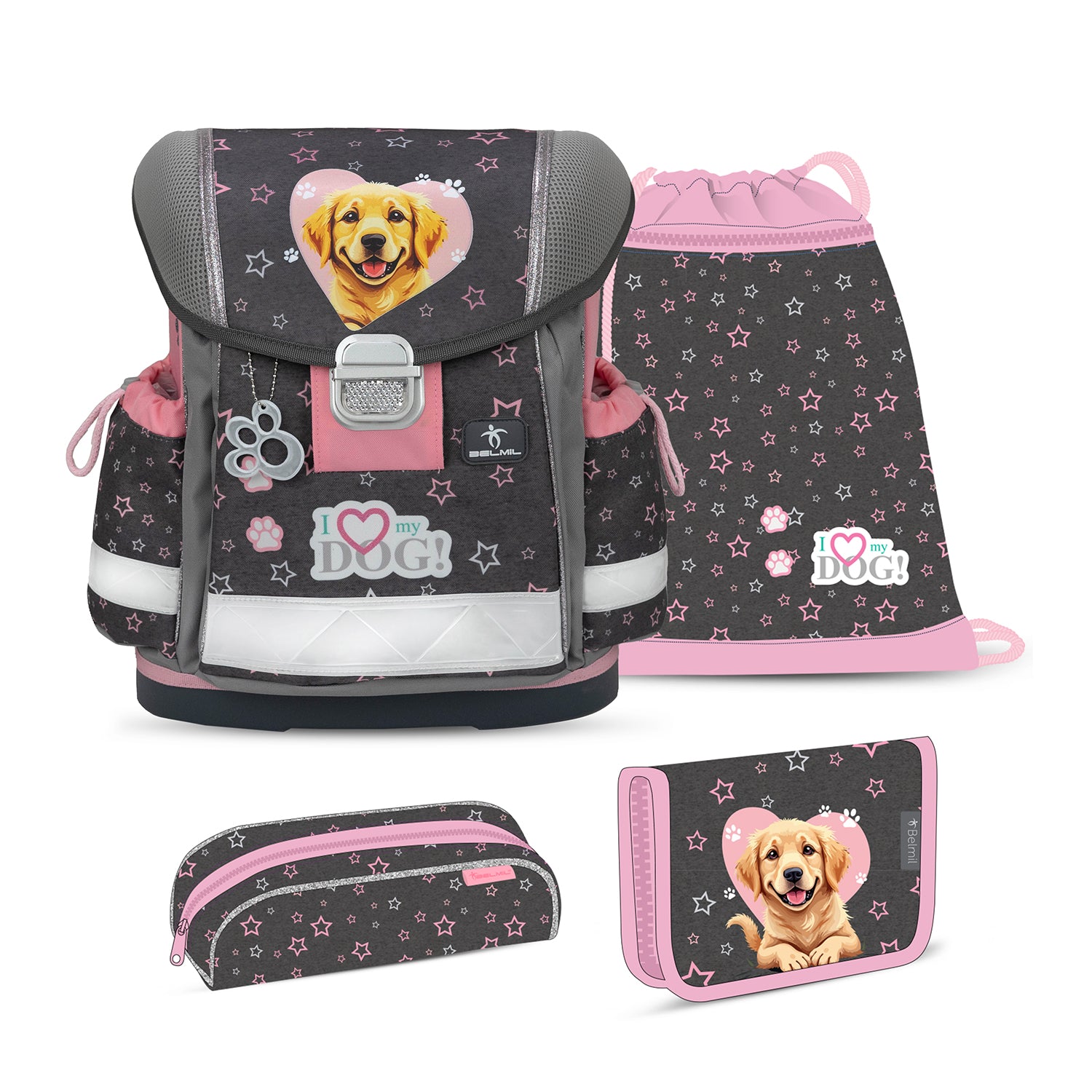 Ergonomic School Bag Set for Girls – Belmil Classy Starry Paws (4 pcs) featuring a charming golden retriever motif with cute stars and paw prints.