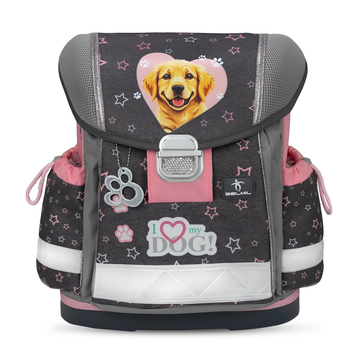 Close-up of the Ergonomic School Bag Set for Girls – Belmil Classy Starry Paws (4 pcs) showcasing the padded shoulder straps and breathable back padding.