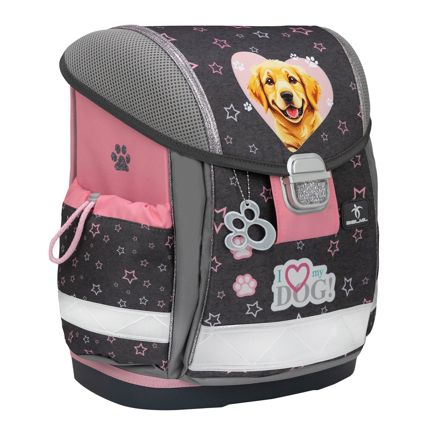 View of the Ergonomic School Bag Set for Girls – Belmil Classy Starry Paws (4 pcs) displaying the stylish design with light grey background and fun dog-themed graphics.