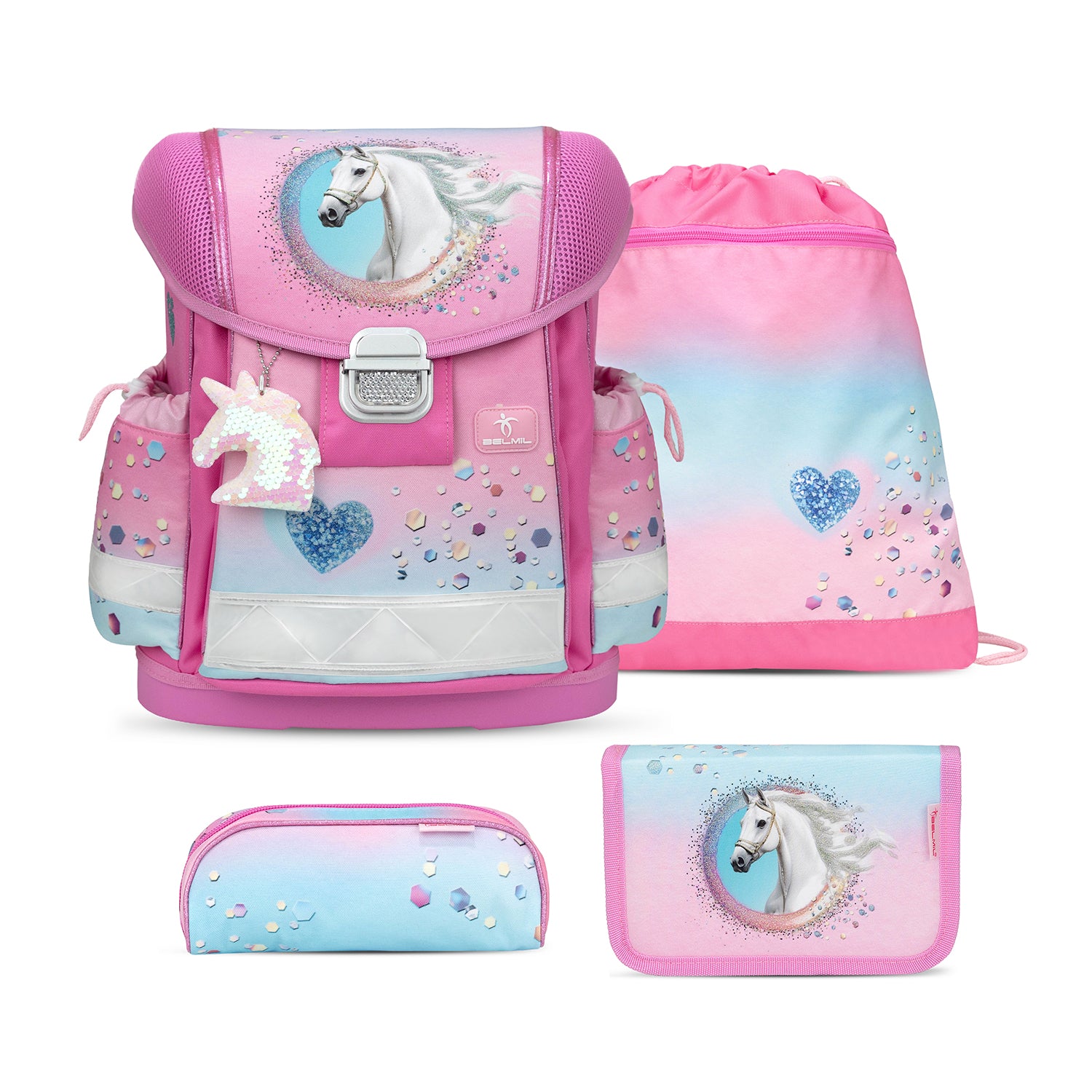 Ergonomisches Schulranzen-Set für Mädchen – Belmil Classy Dream Hooves-Pinky (4-tlg.)