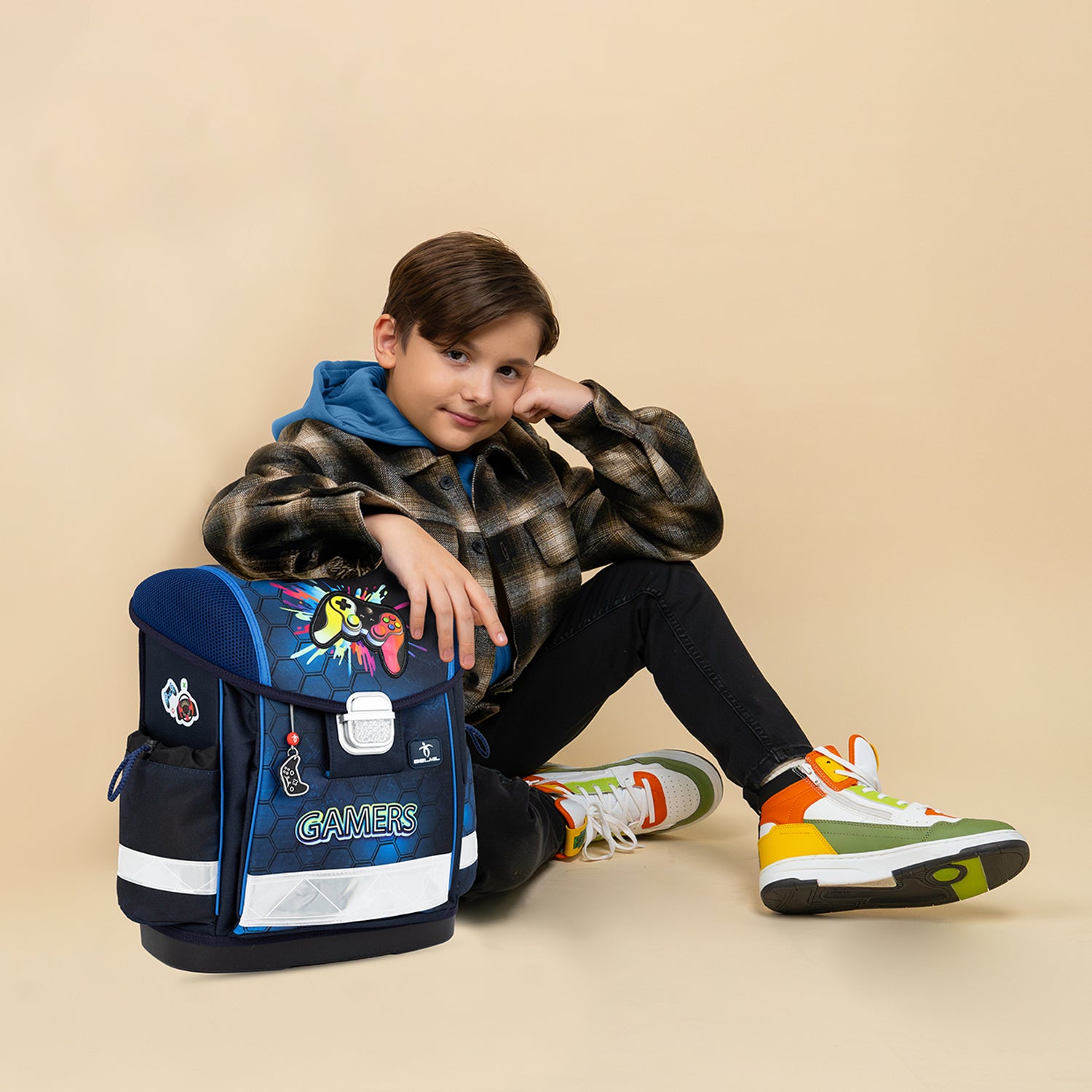Belmil Classy Ergonomic School Bag Set for Boys “Game On!” Design + Dinosaur Raincoat – 5-Piece Back-to-School Bundle