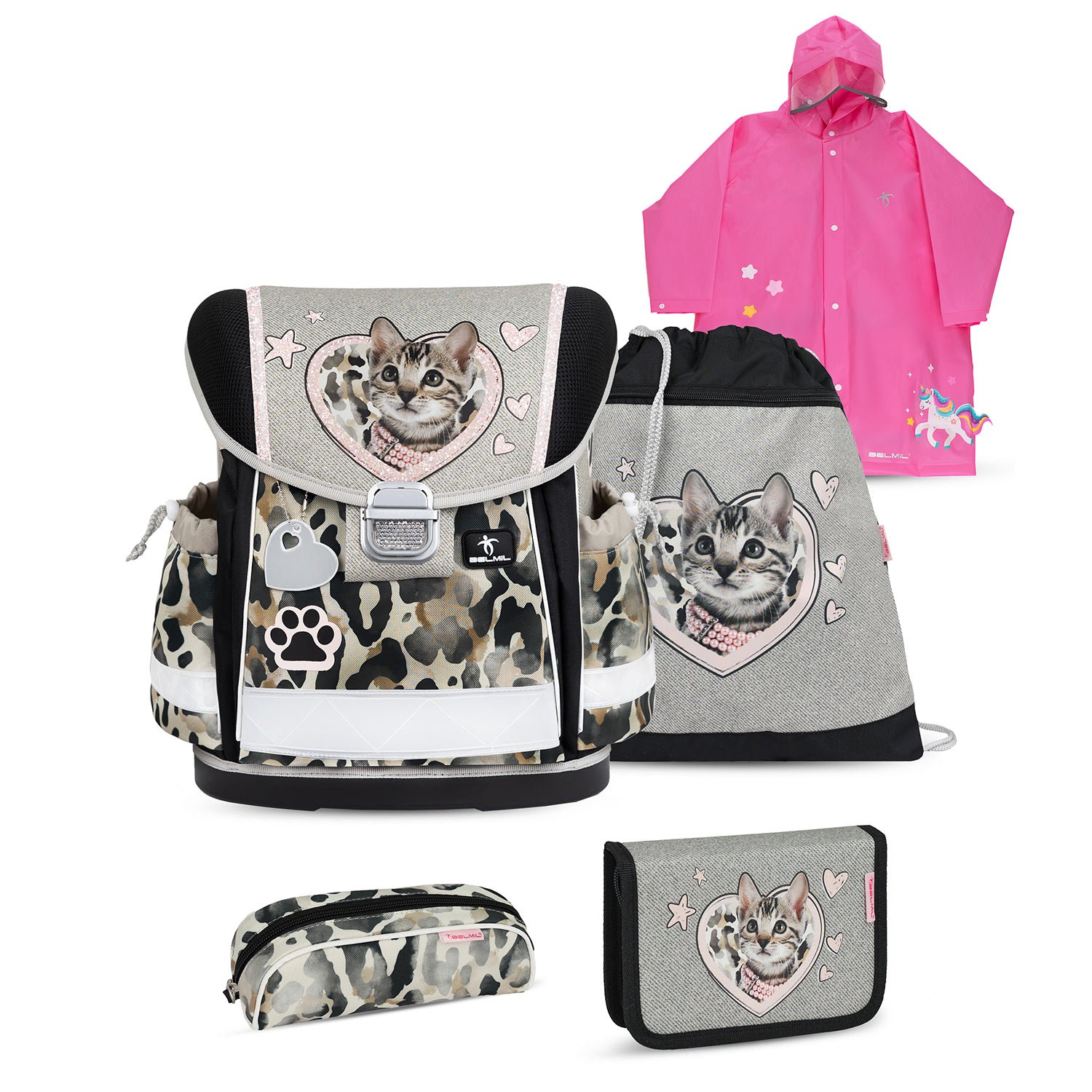 Belmil Ergonomic School Bag Set for Girls “Wild Cat” Design + Unicorn Raincoat – 4-Piece Back-to-School Bundle showcasing the vibrant Wild Cat design with a cute kitten.