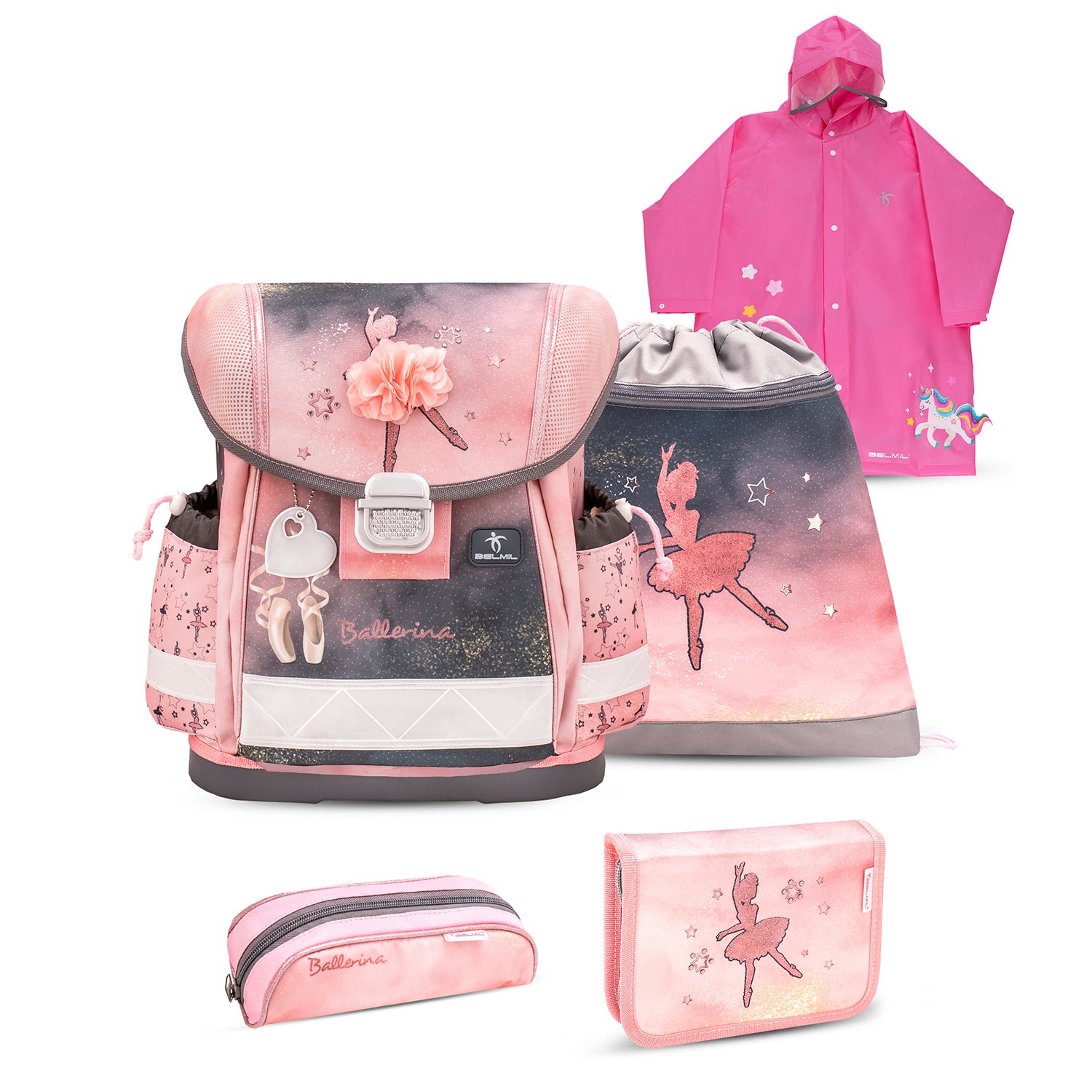 Belmil Ergonomic School Bag Set for Girls “Ballerina Black Pink” Design + Unicorn Raincoat – 4-Piece Back-to-School Bundle showing the stylish design and functional compartments.