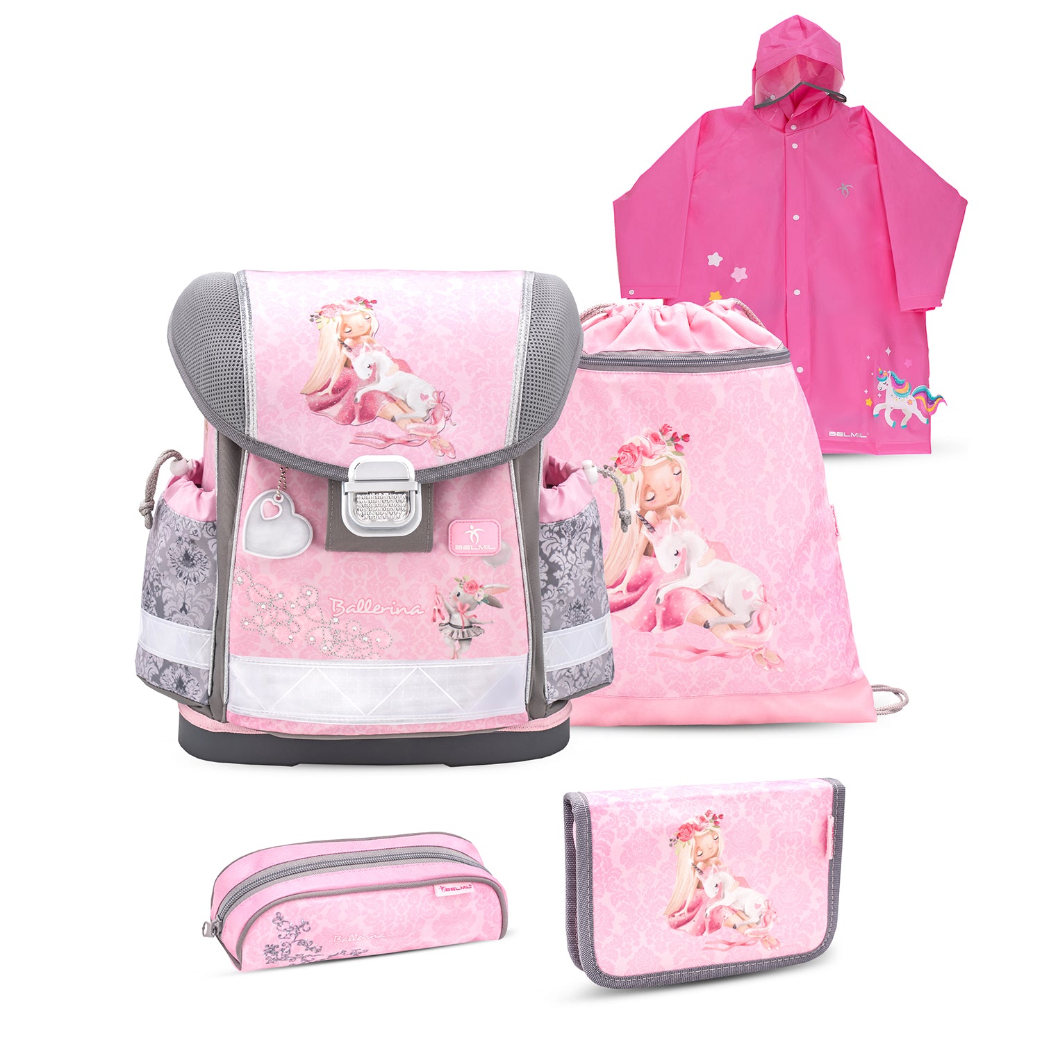 Belmil Ergonomic School Bag Set for Girls 'Ballerina' Design + Unicorn Raincoat – 4-Piece Back-to-School Bundle showcasing lightweight ergonomic school bag with a graceful ballerina design.