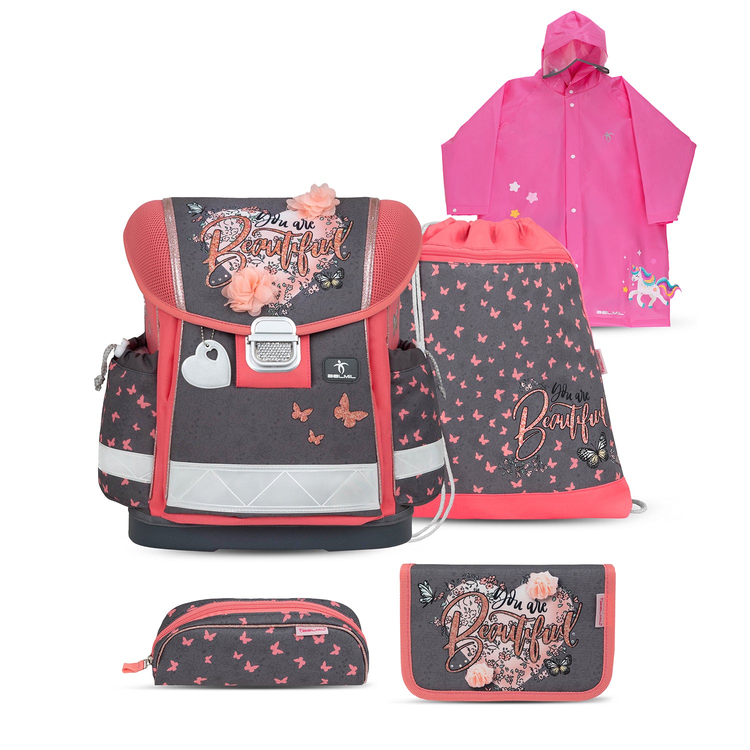 Belmil Ergonomic School Bag Set for Girls “Bloomy Blossom” Design + Unicorn Raincoat – 4-Piece Back-to-School Bundle showcasing vibrant floral and butterfly patterns.