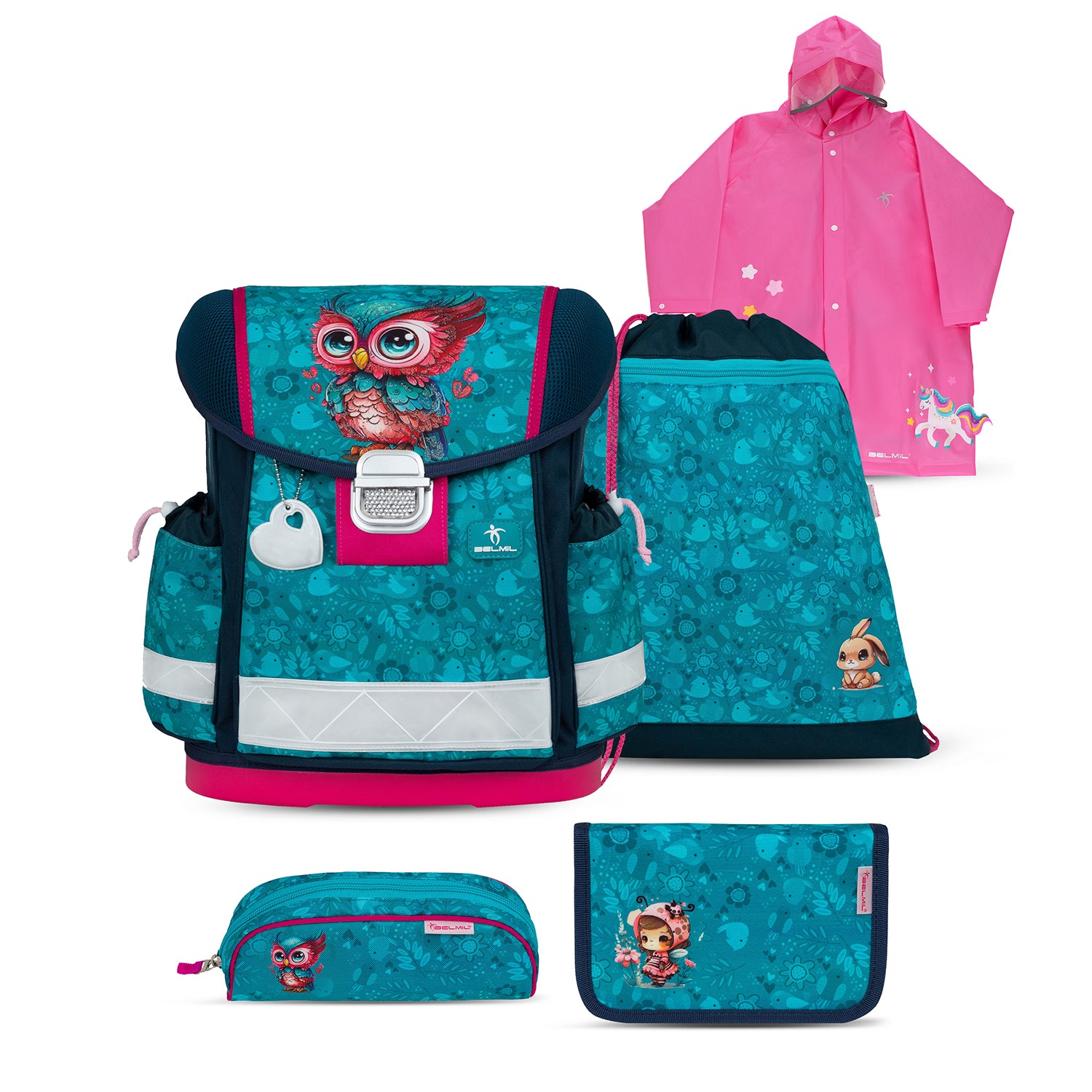 Belmil Ergonomic School Bag Set for Girls 'Cute Owl' Design + Unicorn Raincoat – 4-Piece Back-to-School Bundle featuring an adorable owl design on a floral background.