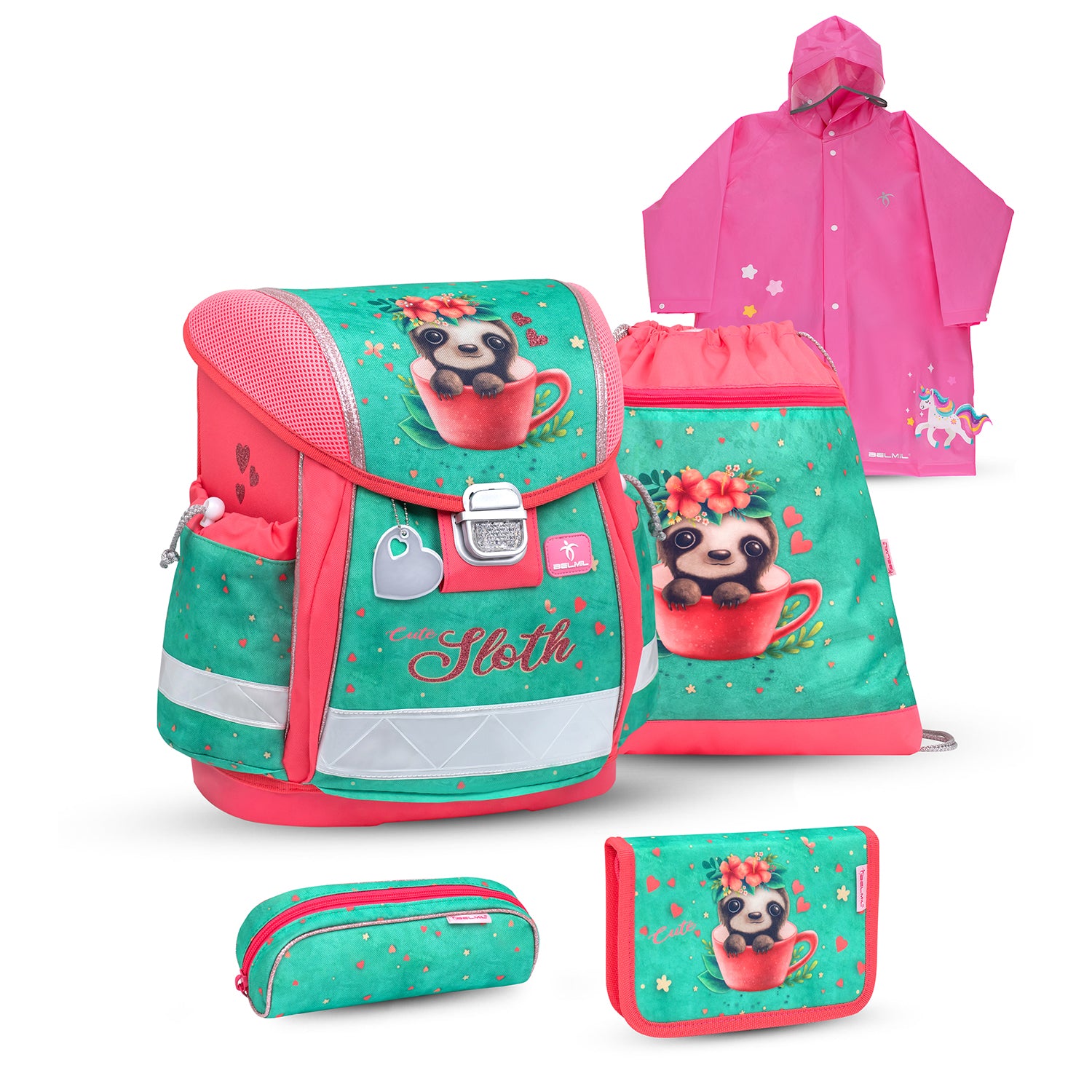 Belmil Ergonomic School Bag Set for Girls “Cute Sloth” Design + Unicorn Raincoat – 4-Piece Back-to-School Bundle showcasing the smiling sloth on a vibrant leaf background.