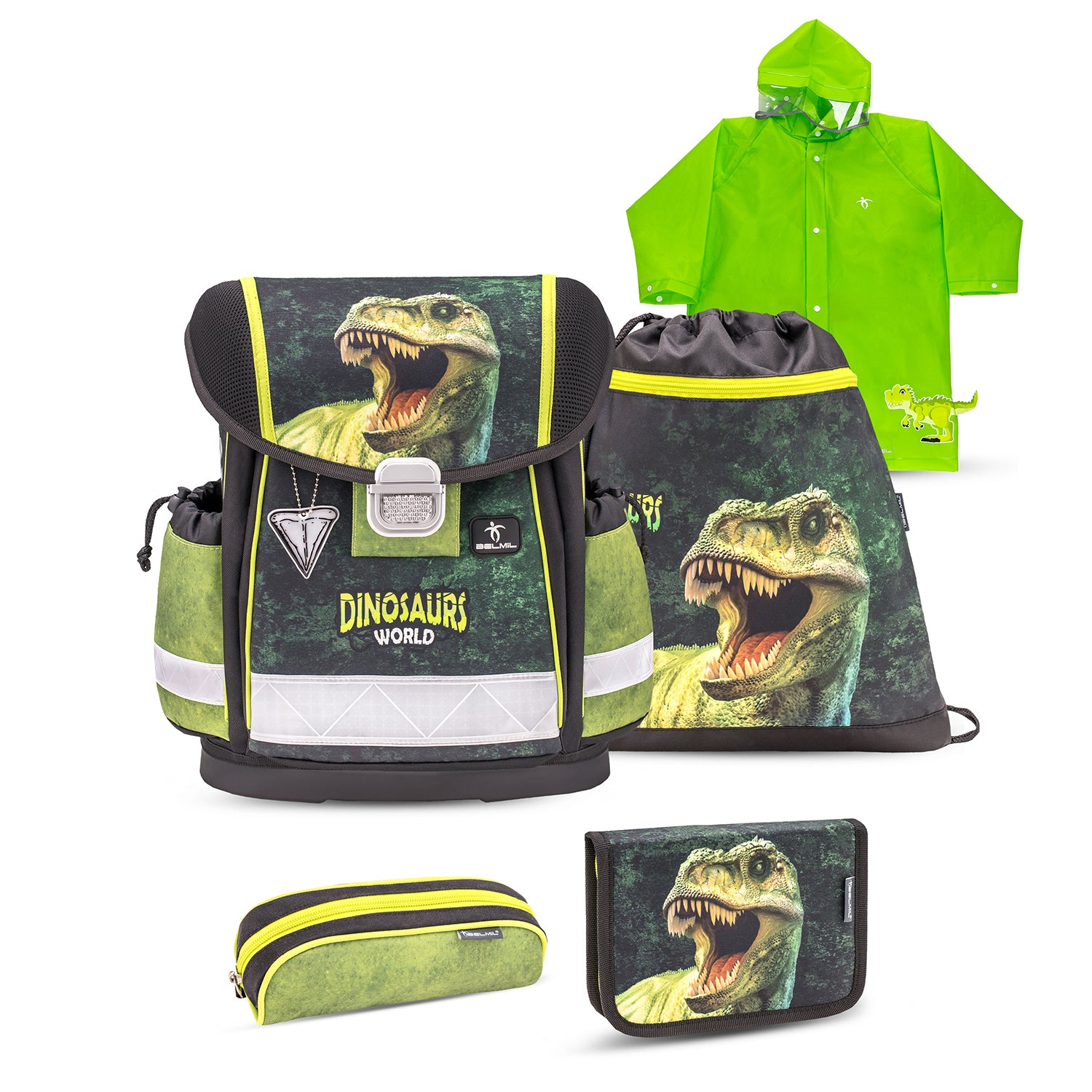 Belmil Ergonomic School Bag Set for Boys “Dinosaur World 2” Design + Dinosaur Raincoat – 4-Piece Back-to-School Bundle showcasing colorful dinosaur prints.