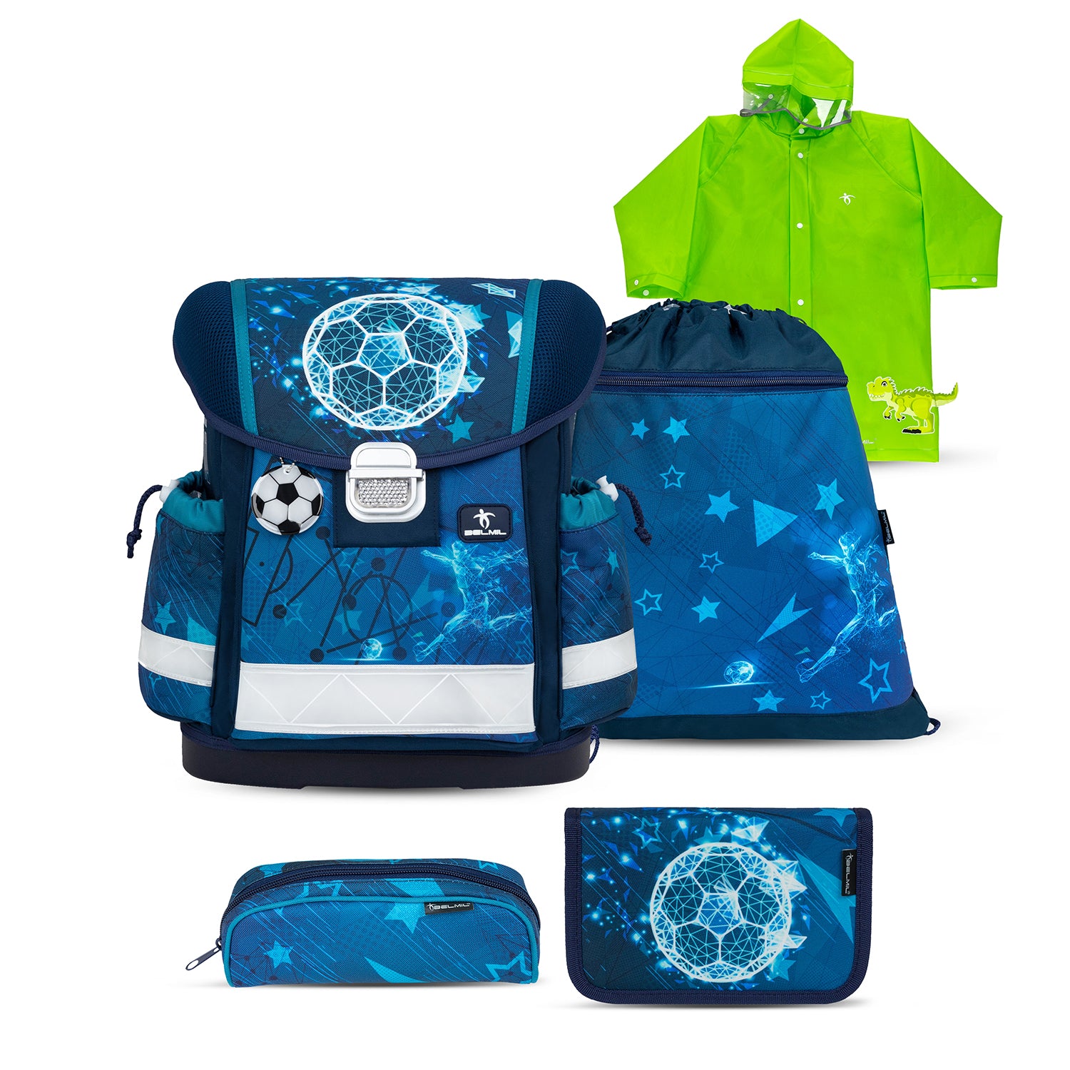 Belmil Ergonomic School Bag Set for Boys “Footballers” Design + Dinosaur Raincoat – 4-Piece Back-to-School Bundle showing ergonomic design and lightweight features.