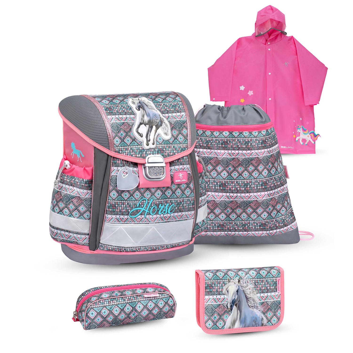 Belmil Ergonomic School Bag Set for Girls 'Horse Aruba Blue' Design + Unicorn Raincoat – 4-Piece Back-to-School Bundle including stylish ergonomic backpack.