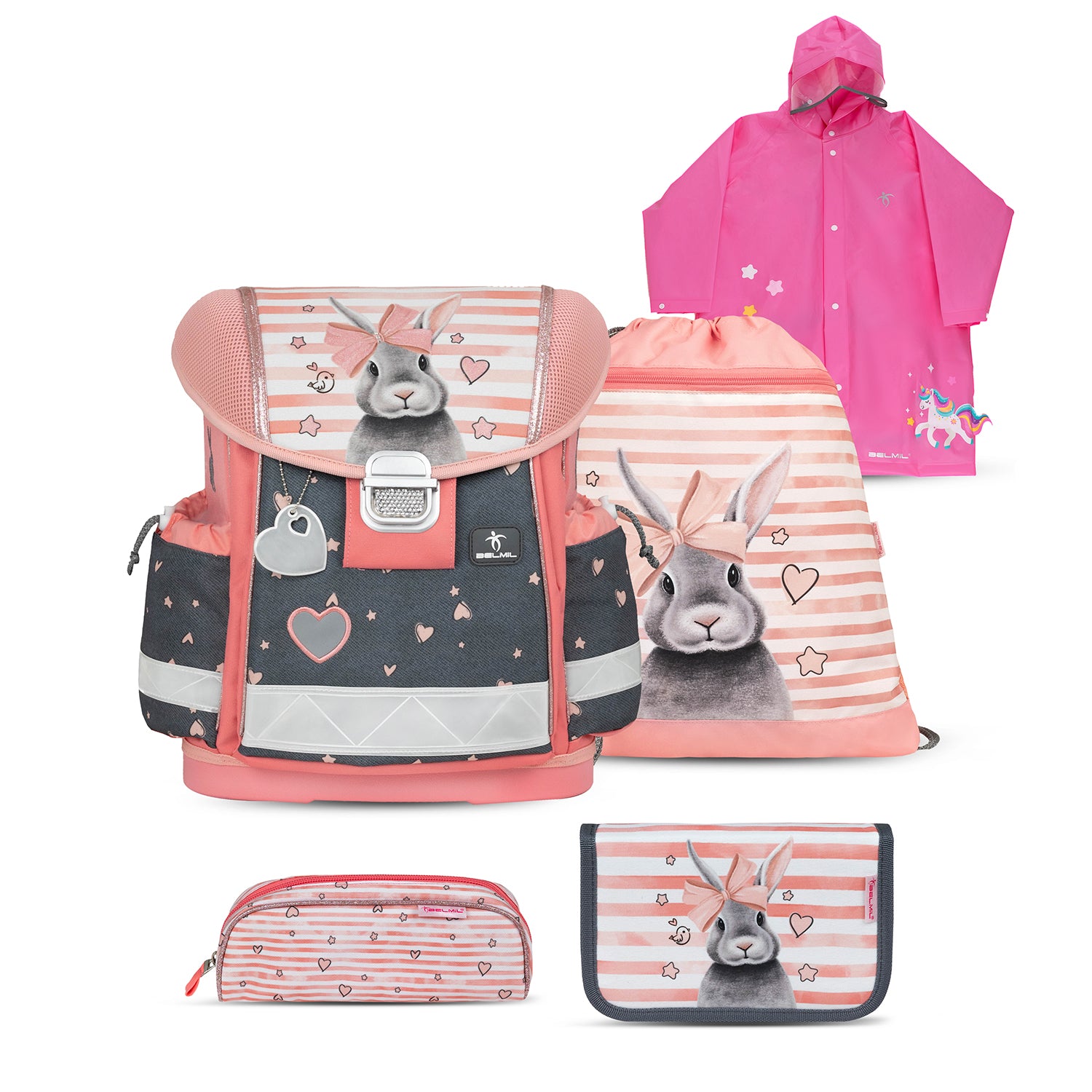 Belmil Ergonomic School Bag Set for Girls “Little Bunnies” Design + Unicorn Raincoat – 4-Piece Back-to-School Bundle featuring the adorable bunny design.