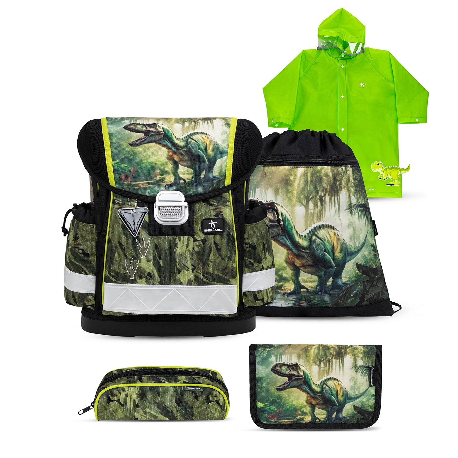 Belmil Ergonomic School Bag Set for Boys “Lost World” Design + Dinosaur Raincoat – 4-Piece Back-to-School Bundle featuring a stylish school bag with dinosaur graphics.