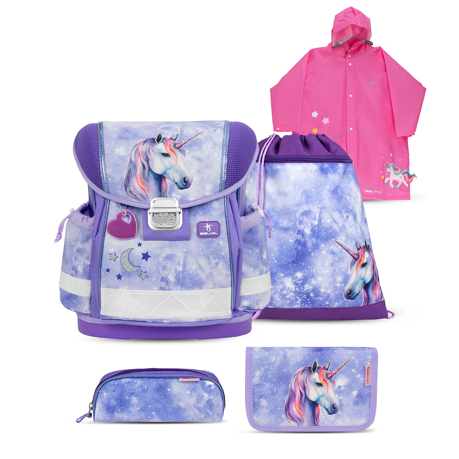 Belmil Classy Ergonomic School Bag Set for Girls “Mistyc Luna” Design + Unicorn Raincoat – 4-Piece Back-to-School Bundle showcasing magical moonlit design with stars.