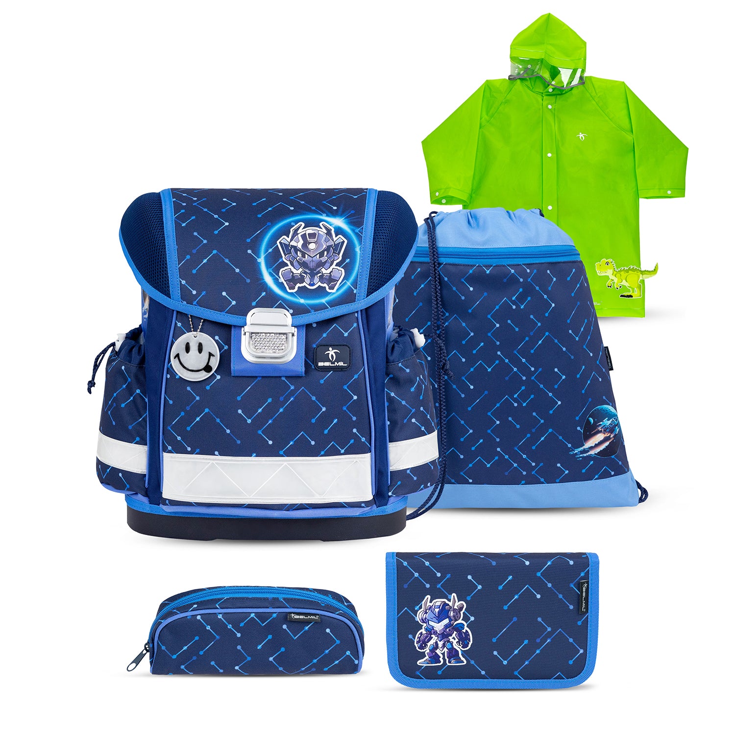 Belmil Ergonomic School Bag Set for Boys “Navy Blue Tech” Design + Dinosaur Raincoat – 4-Piece Back-to-School Bundle showcasing the ergonomic school bag with padded straps.