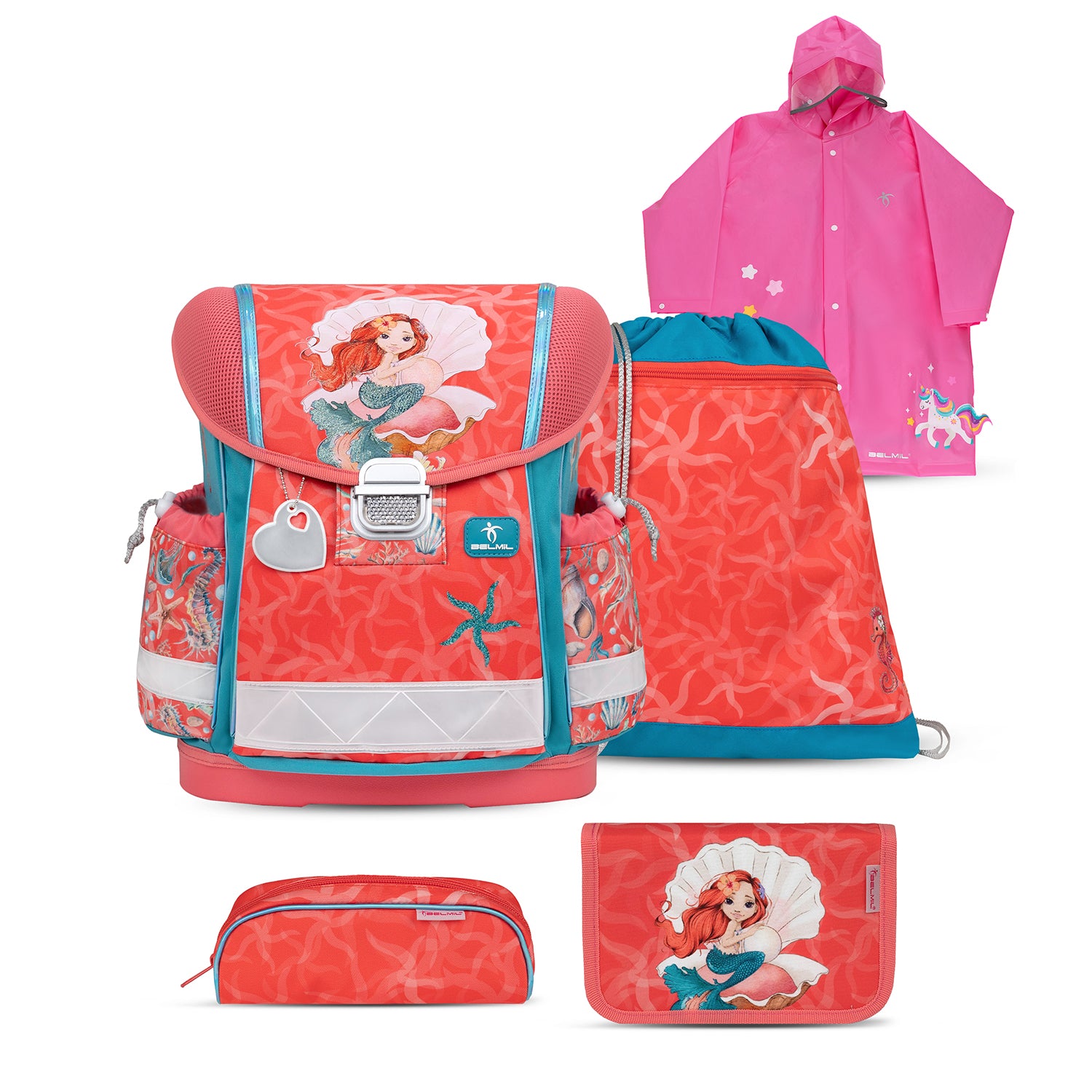 Belmil Ergonomic School Bag Set for Girls 'Sea Queen' Design + Unicorn Raincoat – 4-Piece Back-to-School Bundle featuring a stylish backpack.