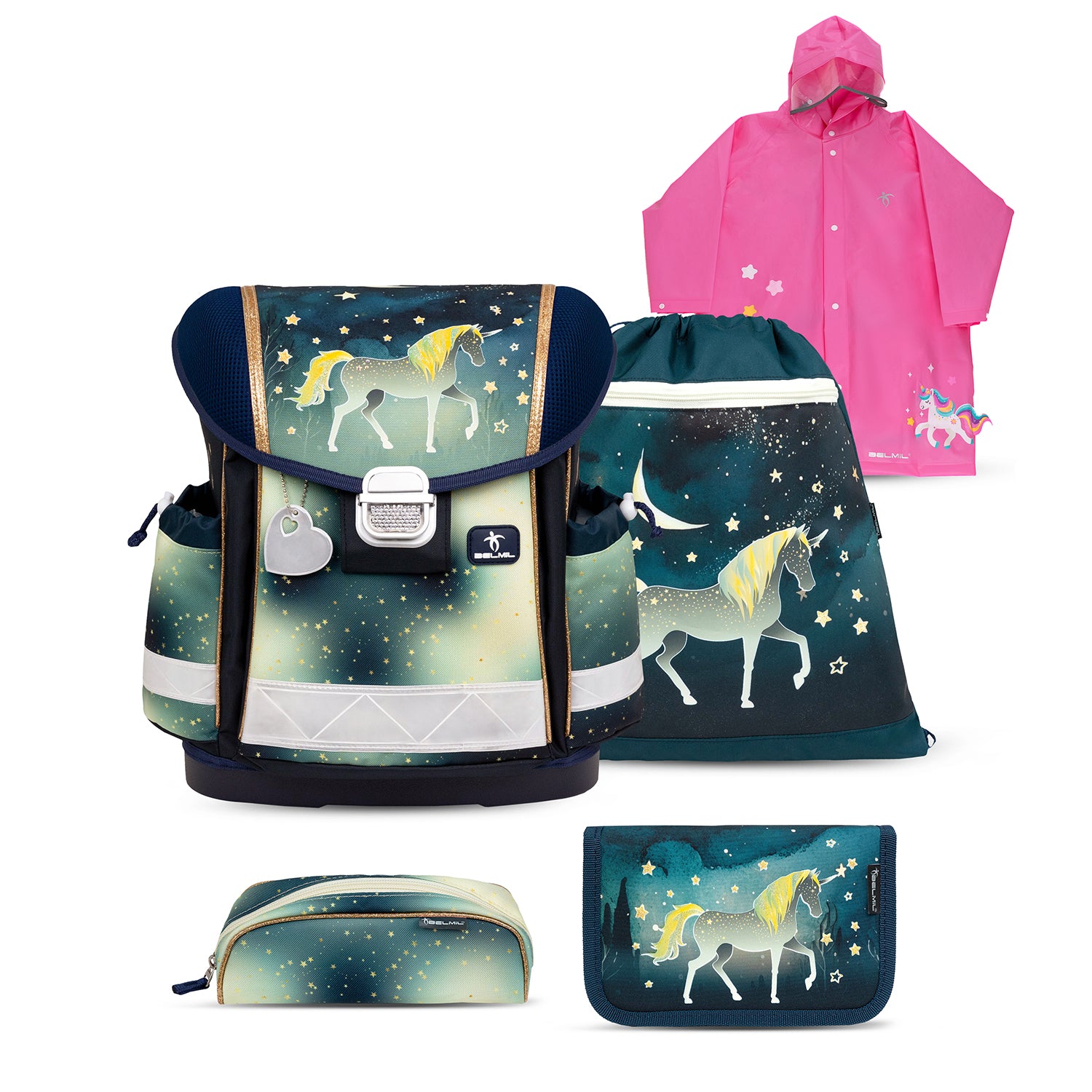 Belmil Ergonomic School Bag Set for Girls “Sparkling Unicorn” Design + Unicorn Raincoat – 4-Piece Back-to-School Bundle featuring a magical unicorn print.