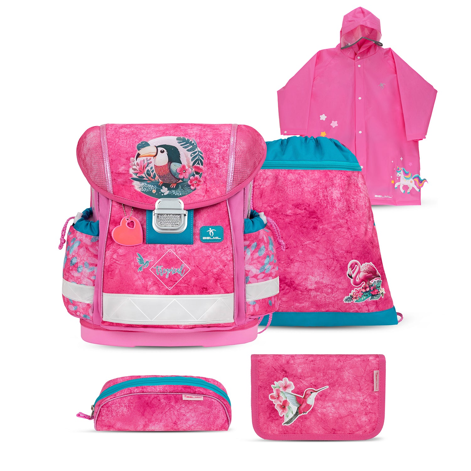 Belmil Ergonomic School Bag Set for Girls “Tropical Toucan” Design + Unicorn Raincoat – 4-Piece Back-to-School Bundle featuring a vibrant toucan and tropical flowers.