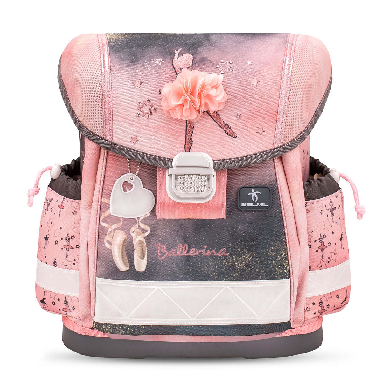 The stylish Belmil Classy Ergonomic School Bag Set for Girls 'Ballerina Black Pink' with spacious compartments and a unicorn raincoat for versatile use.