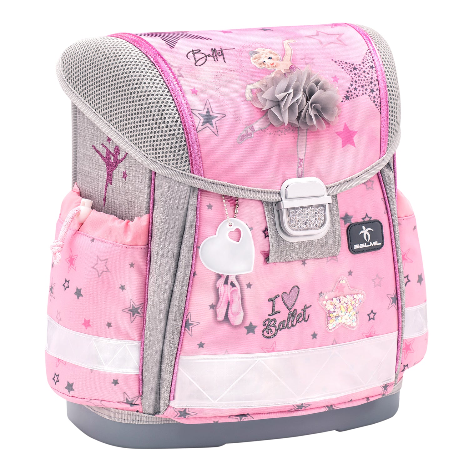 Cute ballerina and unicorn design on the Belmil Classy Ergonomic School Bag Set for Girls “Ballet Light Pink” Design + Unicorn Raincoat – 5-Piece Back-to-School Bundle.