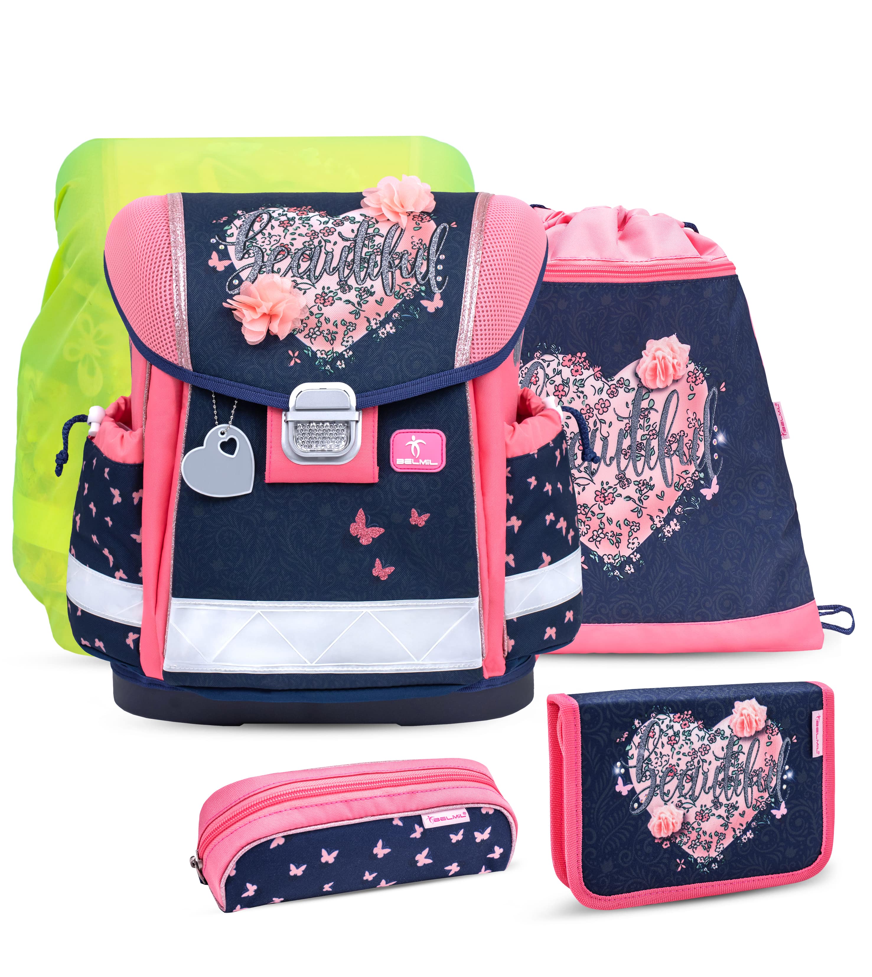 Classy Beautiful Flowers Schulranzen-Set mit Regenhülle 5 Stück
