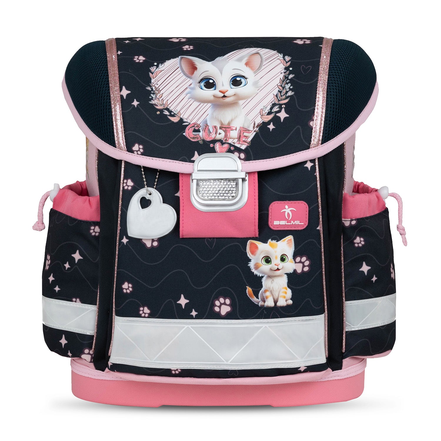 The cute kitten design on the Belmil Classy Ergonomic School Bag Set for Girls 'Cute Kitten' with spacious compartments for school supplies.