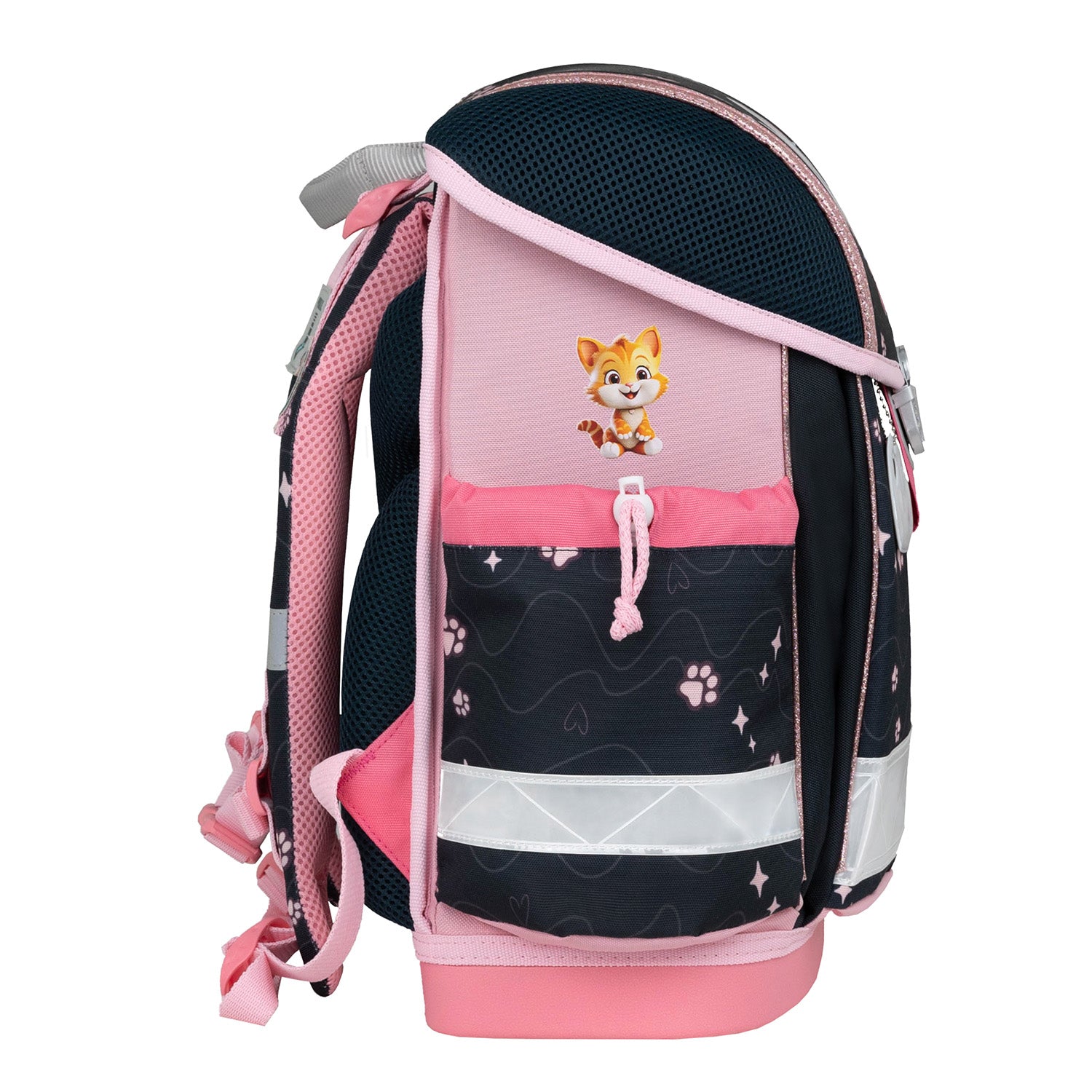 The reflective elements on the Belmil Classy Ergonomic School Bag Set for Girls 'Cute Kitten' design, ensuring safety while walking to school.