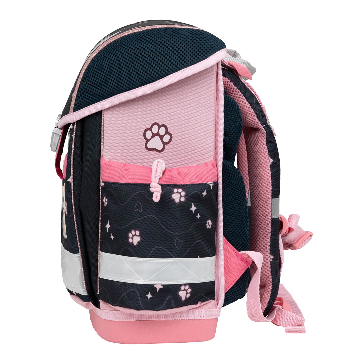 Belmil Classy Ergonomic School Bag Set for Girls 'Cute Kitten' design showcasing the fun unicorn raincoat included in the 4-piece bundle.