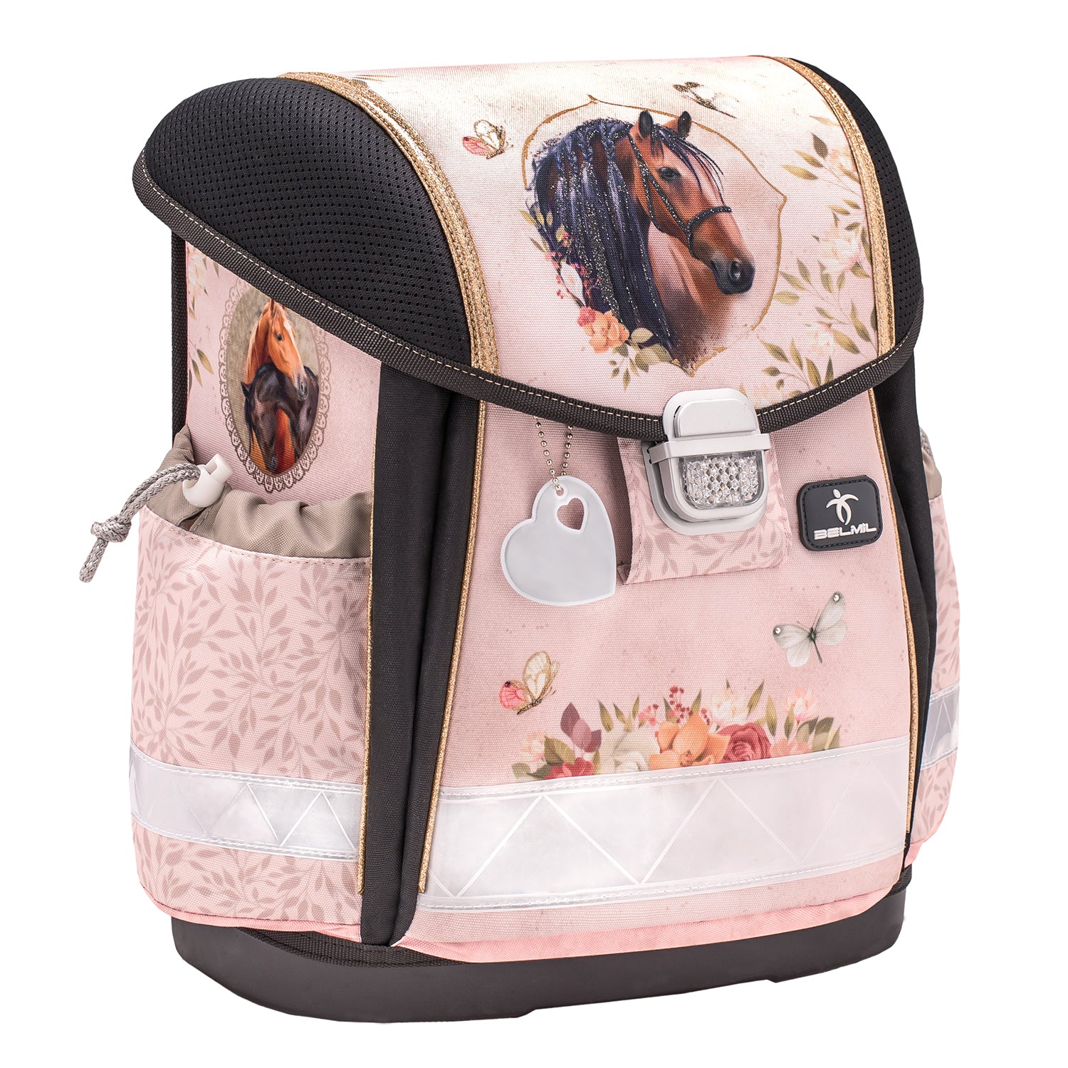 Belmil Classy Ergonomic School Bag Set for Girls “Horse Chestnut” Design + Unicorn Raincoat – 5-Piece Back-to-School Bundle displayed with the vibrant horse chestnut design and reflectors for safety.
