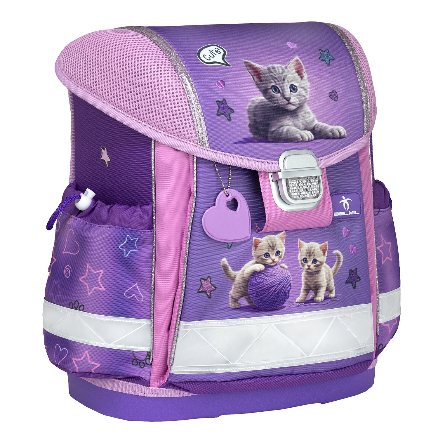 Overview of the Belmil Classy Ergonomic School Bag Set for Girls “Little Kittens” Design + Unicorn Raincoat – 5-Piece Back-to-School Bundle, highlighting its ergonomic features.