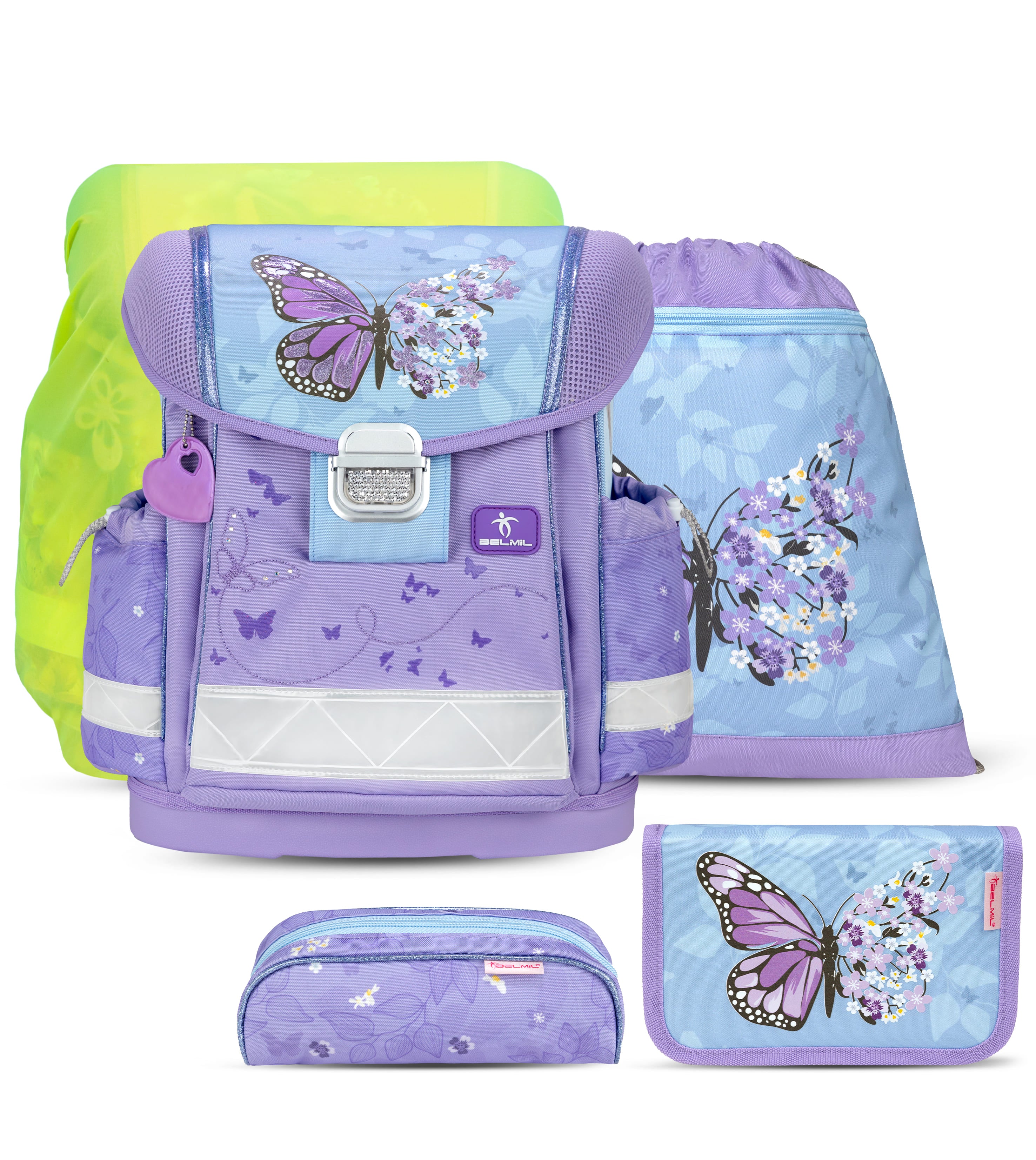 Classy Purple Blue Butterfly Schulranzen-Set mit Regenhülle 5 Stück