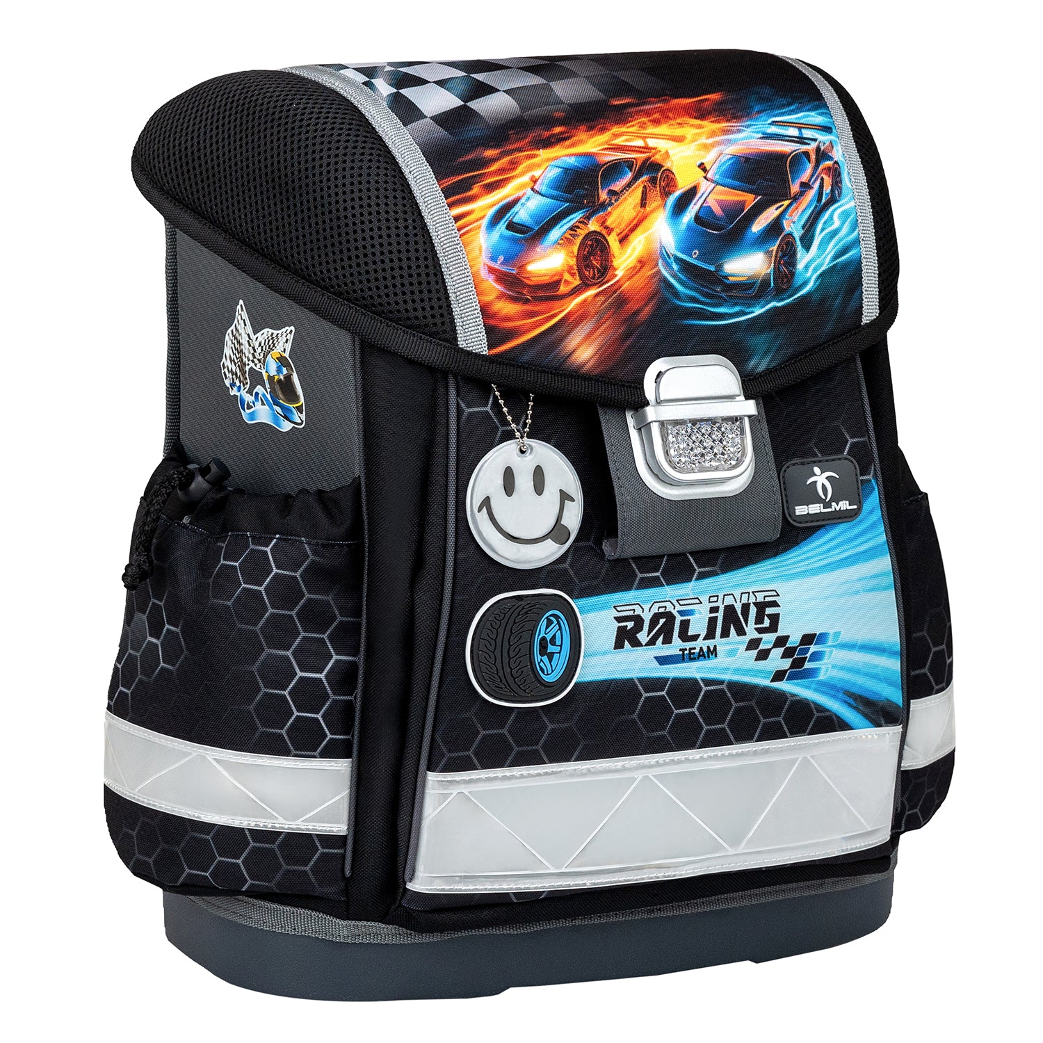 Belmil Classy Ergonomic School Bag Set for Boys “Race it” Design + Dinosaur Raincoat – 5-Piece Back-to-School Bundle featuring the dinosaur raincoat and its compatibility with the school bag.