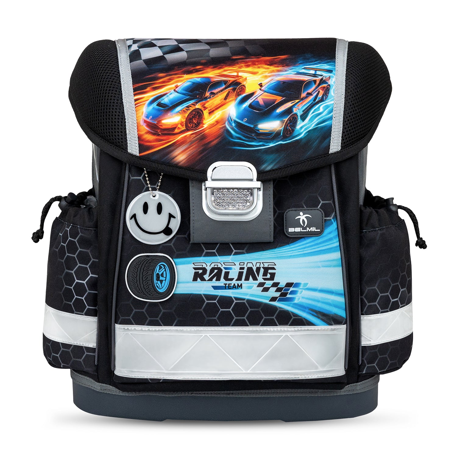 Close-up of the Belmil Classy Ergonomic School Bag Set for Boys “Race it” Design + Dinosaur Raincoat – 5-Piece Back-to-School Bundle showcasing its ergonomic design and vibrant colors.