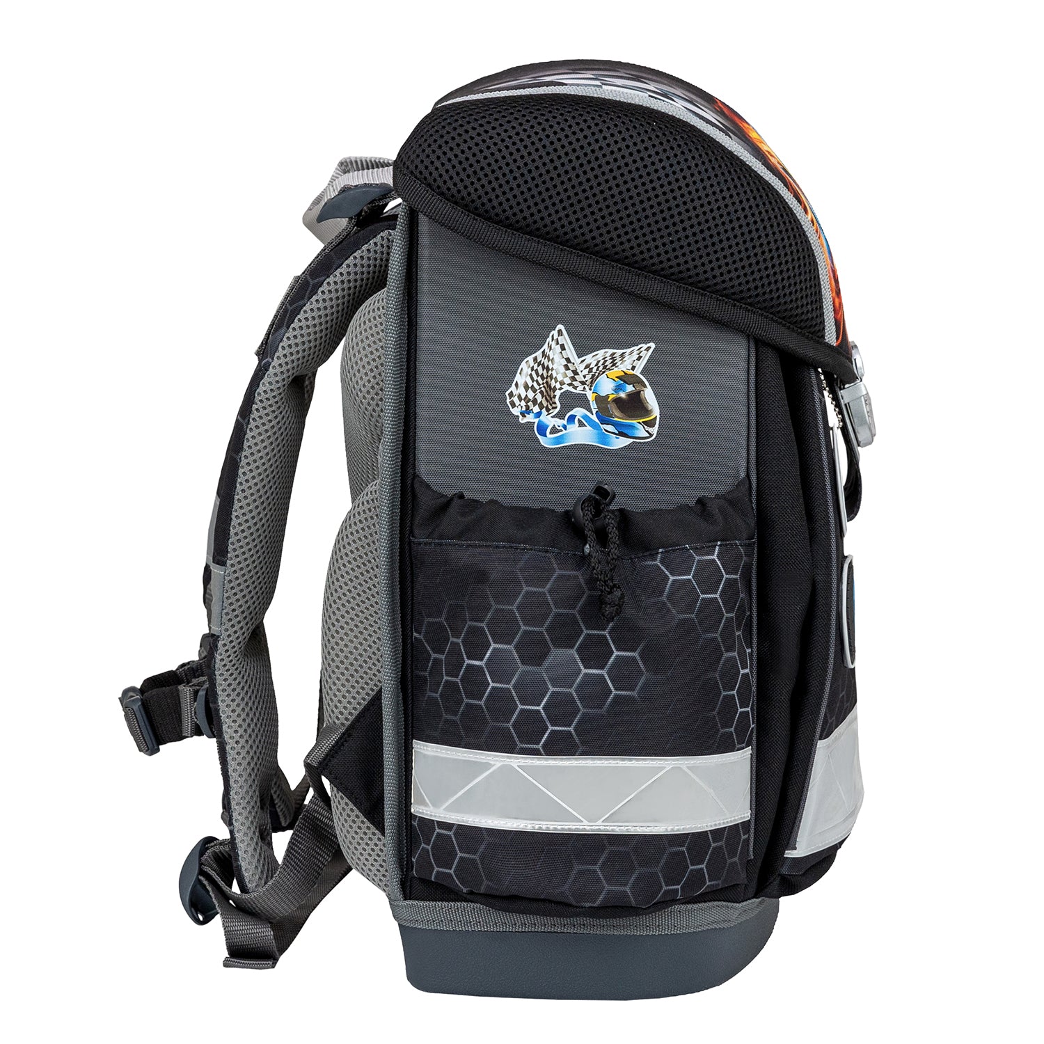 Display of all components of the Belmil Classy Ergonomic School Bag Set for Boys “Race it” Design + Dinosaur Raincoat – 5-Piece Back-to-School Bundle including the backpack, gym bag, and pencil cases.