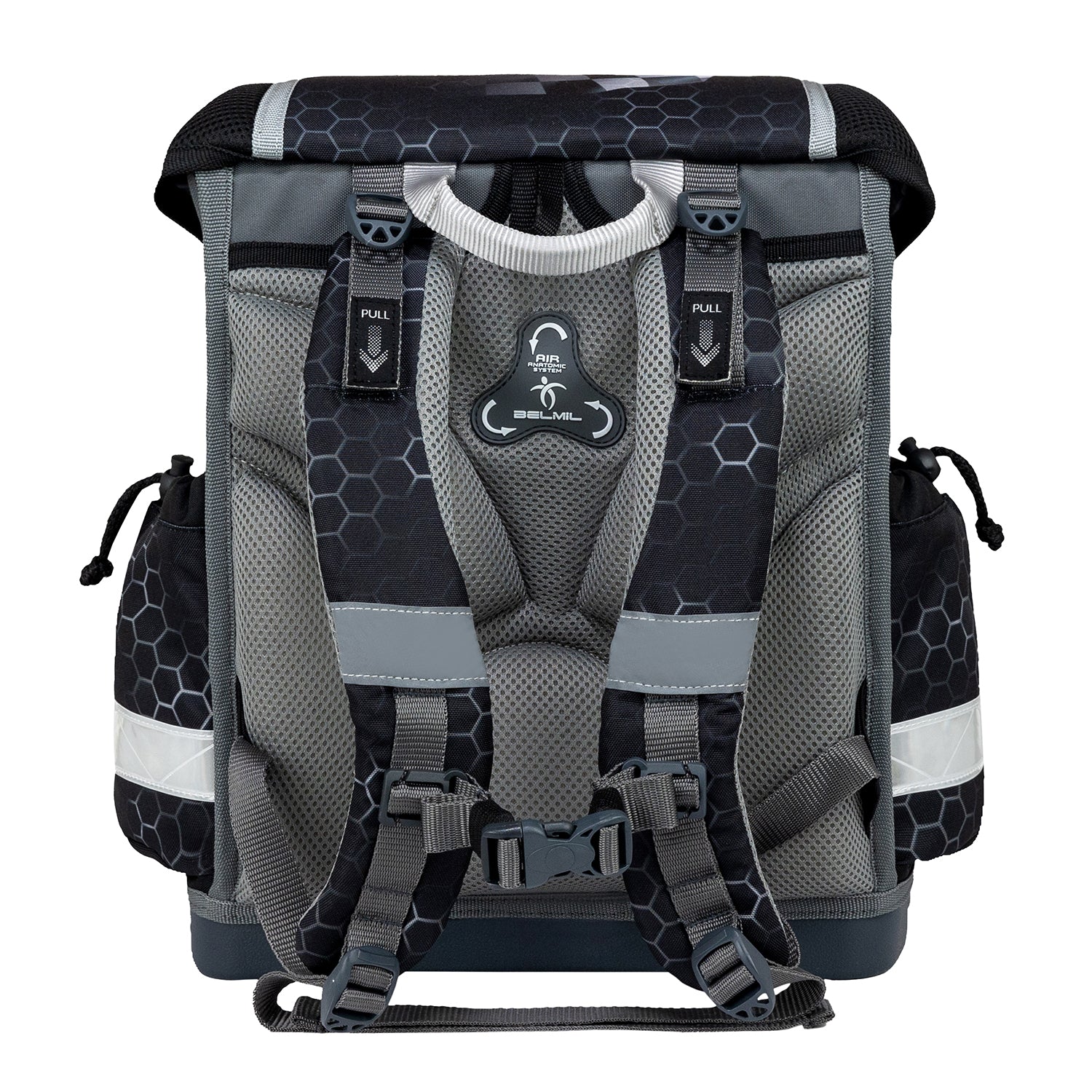 Detail shot of the ergonomic features of the Belmil Classy Ergonomic School Bag Set for Boys “Race it” Design + Dinosaur Raincoat – 5-Piece Back-to-School Bundle showing padded straps and breathable back.