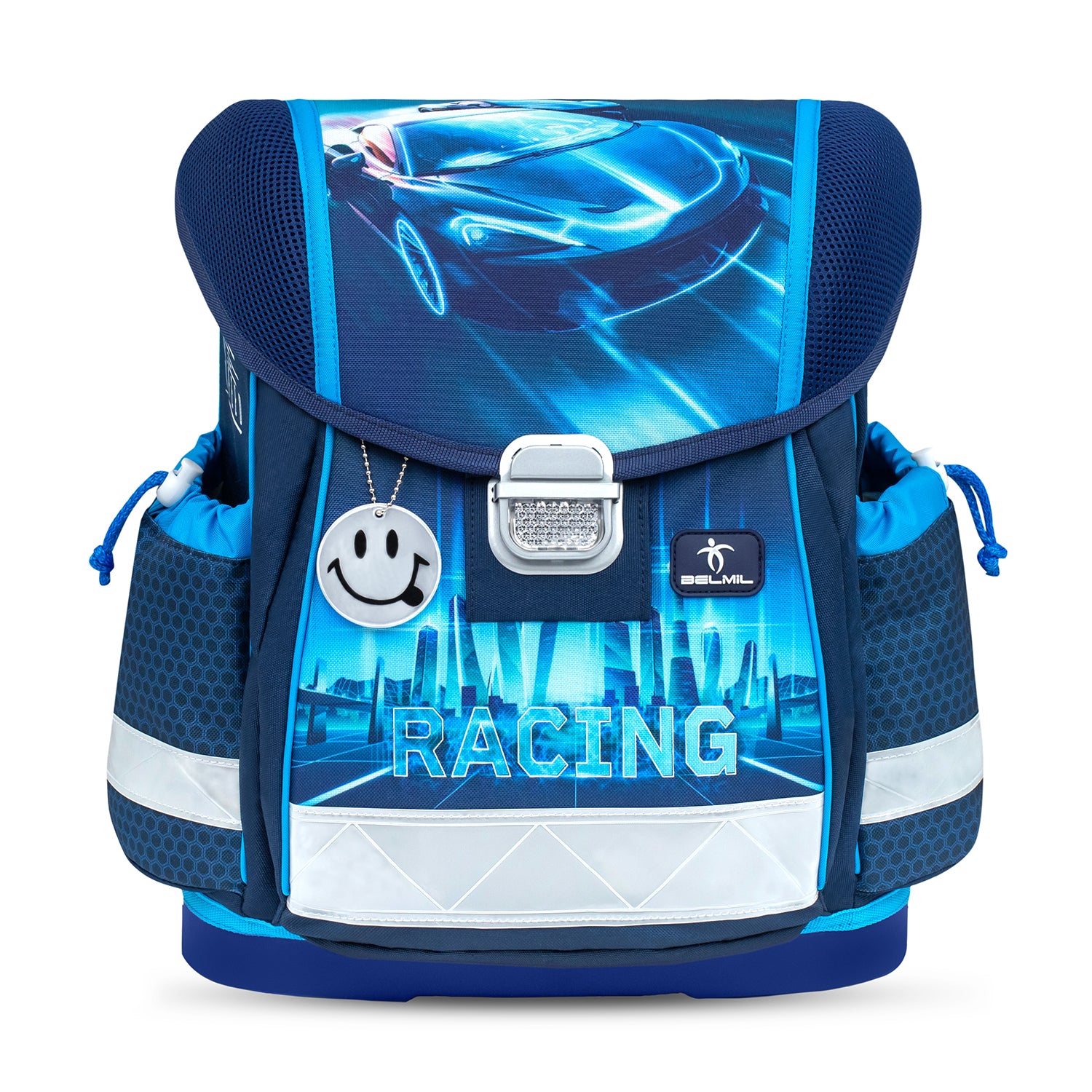 Close-up of the ergonomic features of the Belmil Classy Ergonomic School Bag Set for Boys “Racing Blue Neon” Design + Dinosaur Raincoat – 5-Piece Back-to-School Bundle.