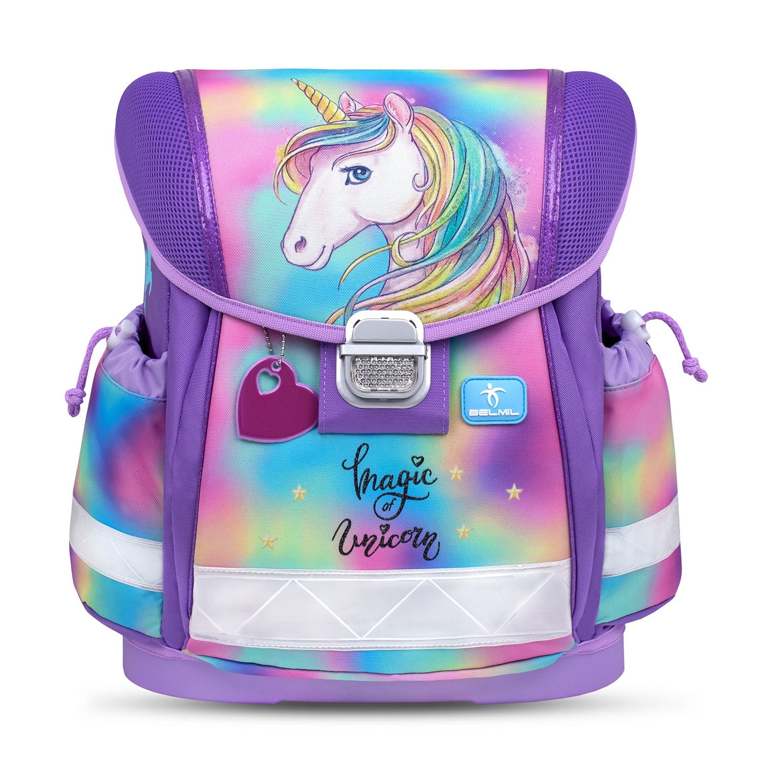 Details of the Belmil Classy Ergonomic School Bag Set for Girls “Rainbow Color” Design + Unicorn Raincoat featuring colorful rainbow pastel shades and a charming unicorn design.