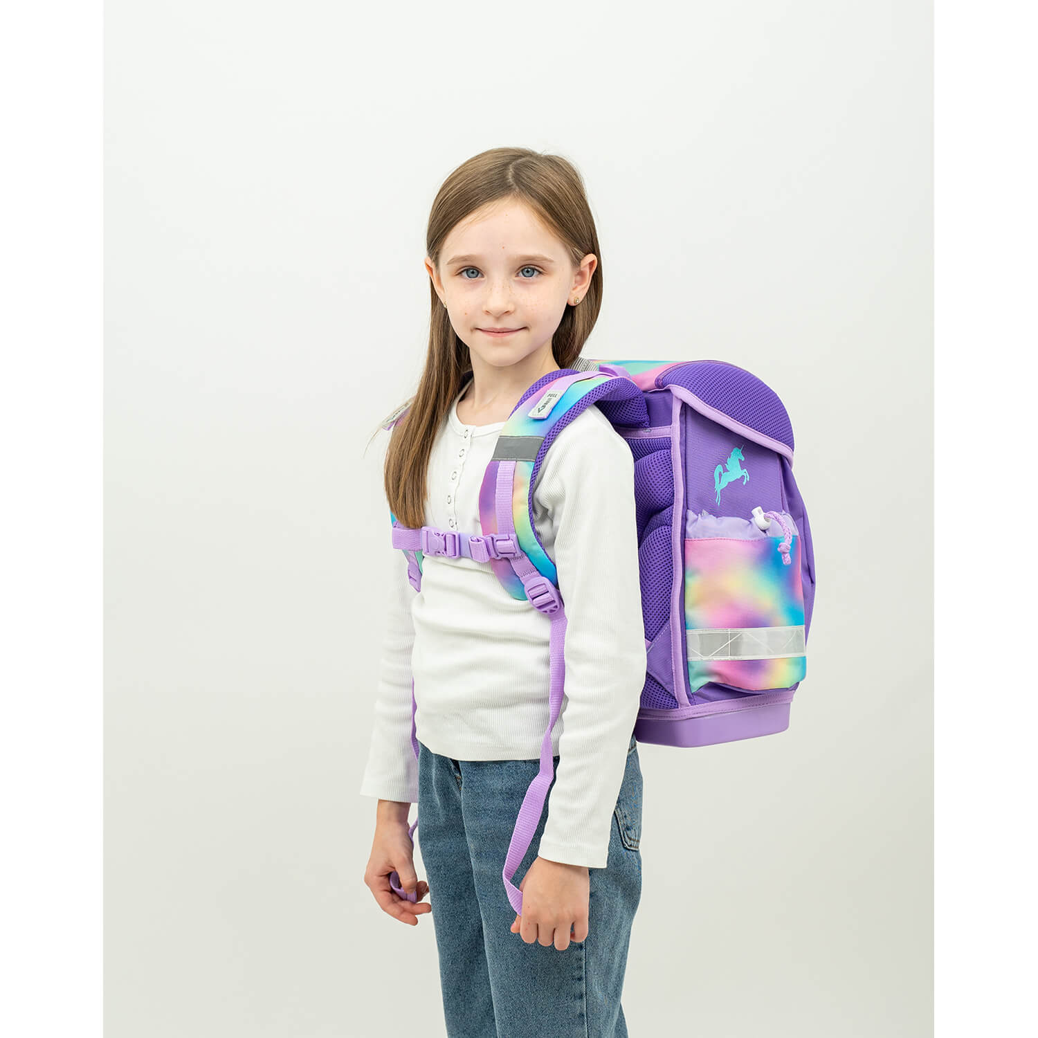 Belmil Classy Ergonomic School Bag Set for Girls “Rainbow Color” Design + Unicorn Raincoat – 5-Piece Back-to-School Bundle