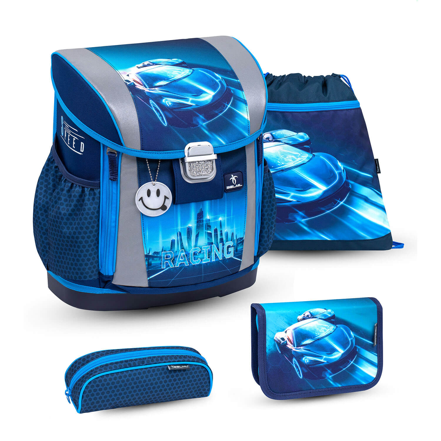 Customize Me Racing Blue Neon schoolbag set 4 pcs