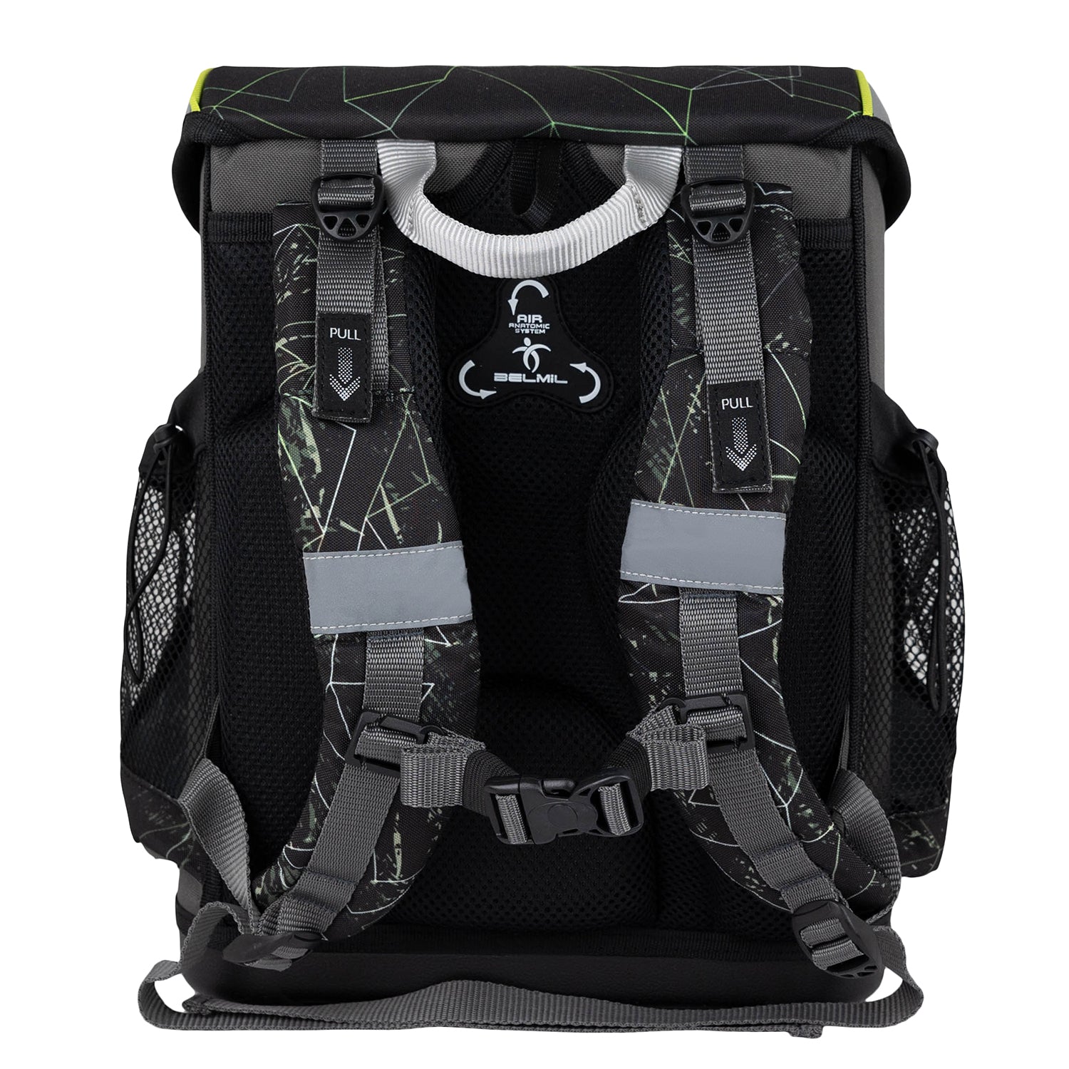 Reflected safety features of the Belmil Mini-Fit Ergonomic School Bag Set 'Black Panther' showcasing reflective elements designed to enhance visibility.