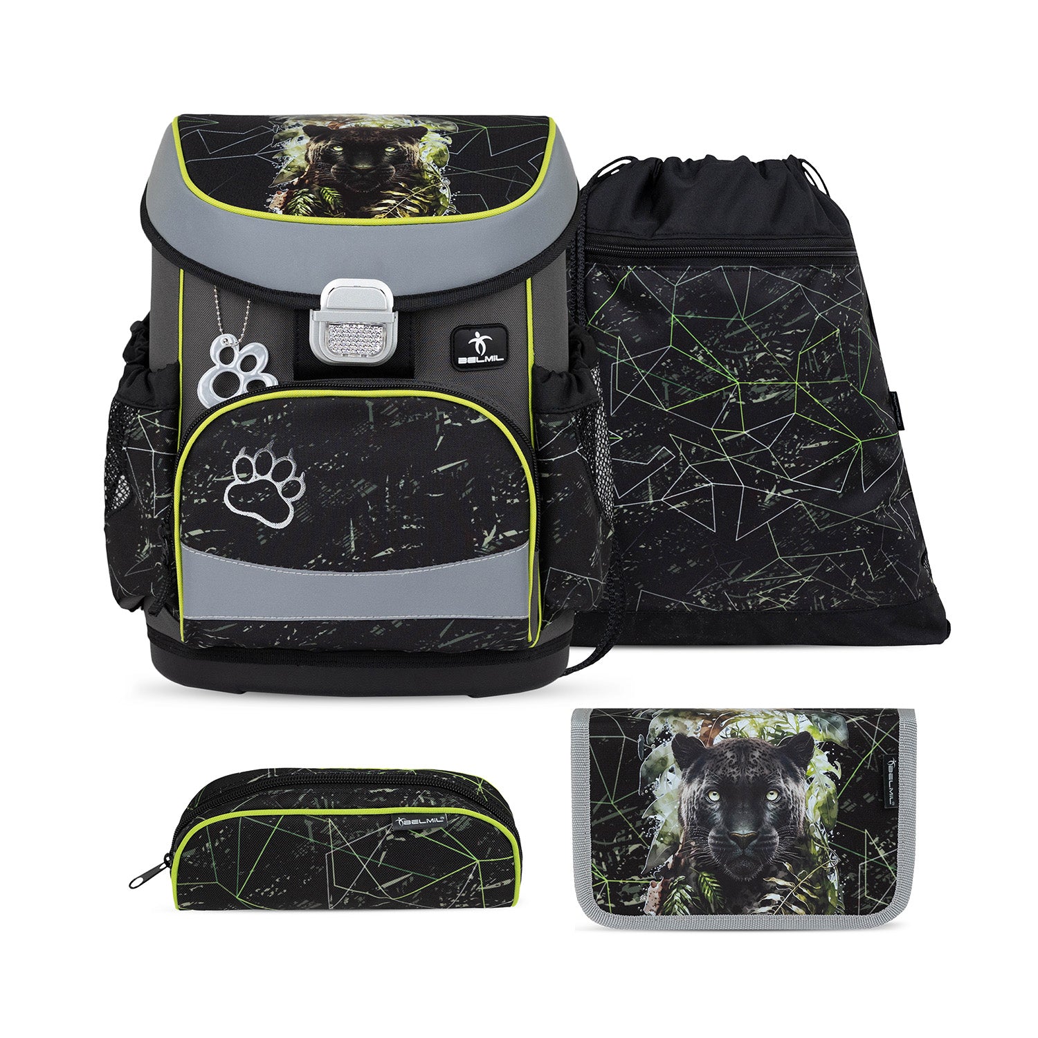Ergonomic School Bag Set for Boys – Belmil Mini-Fit Black Panther (4 pcs): showcasing the striking black panther design and ergonomic shape for comfort.