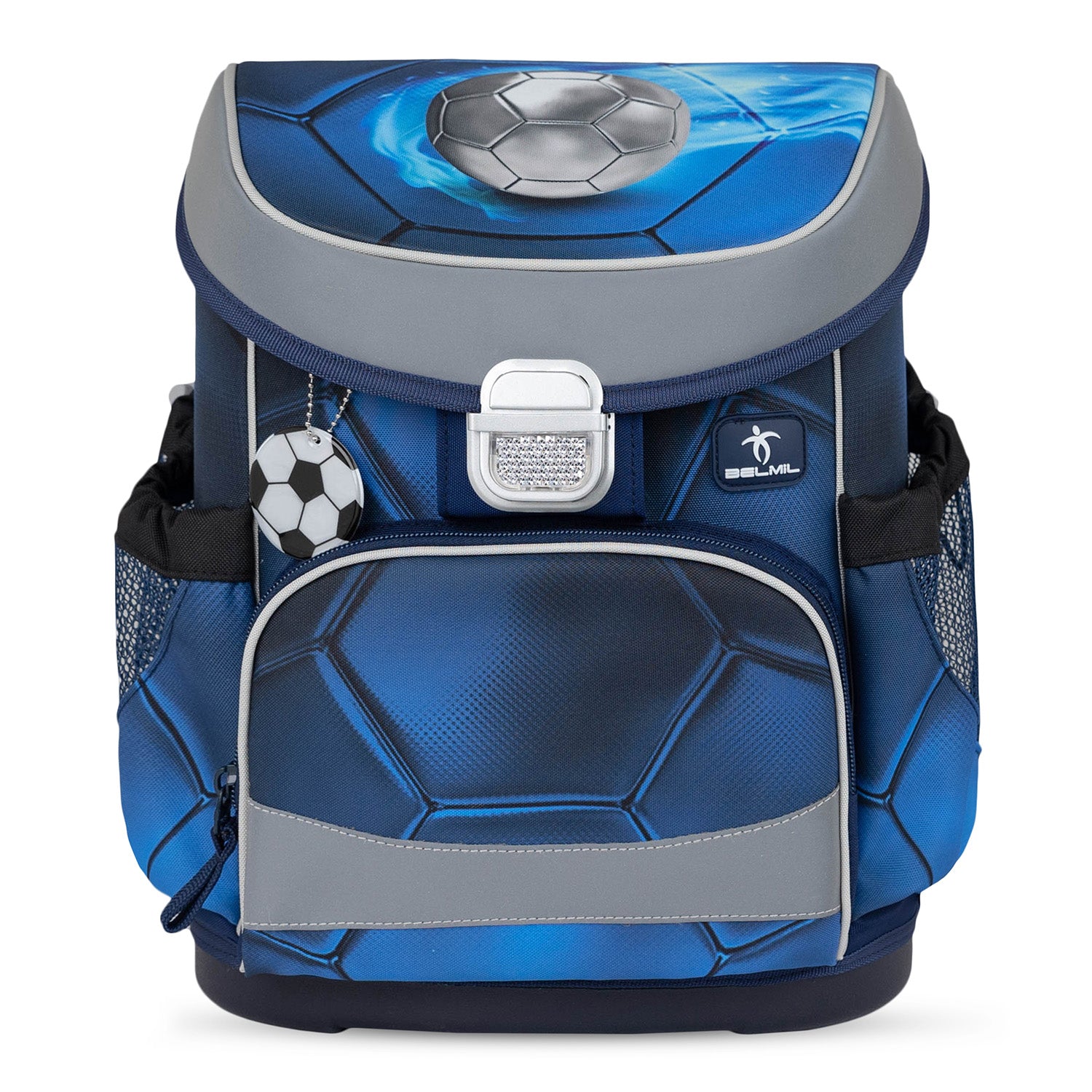 Ergonomic School Bag Set for Boys – Belmil Mini-Fit Football 4 (4 pcs) displayed with adjustable chest and shoulder straps for a personalized fit.