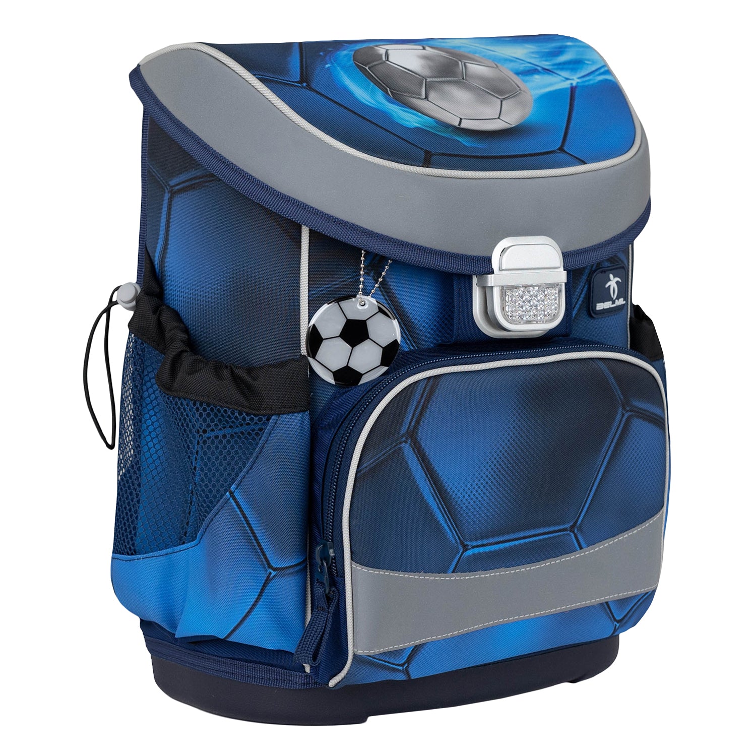 Child wearing Belmil Mini-Fit Ergonomic School Bag Set 'Football 4' looking stylish and ready for school with the included Dinosaur Raincoat from the 5-Piece School Starter Set for Boys.