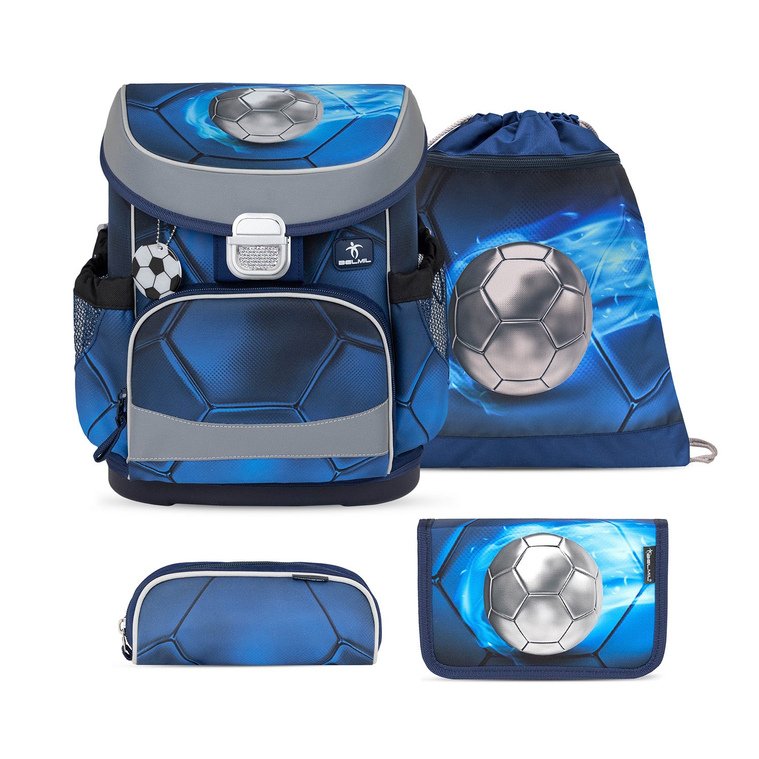 Ergonomic School Bag Set for Boys – Belmil Mini-Fit Football 4 (4 pcs) showcasing the sporty football-themed design with a large soccer ball graphic.