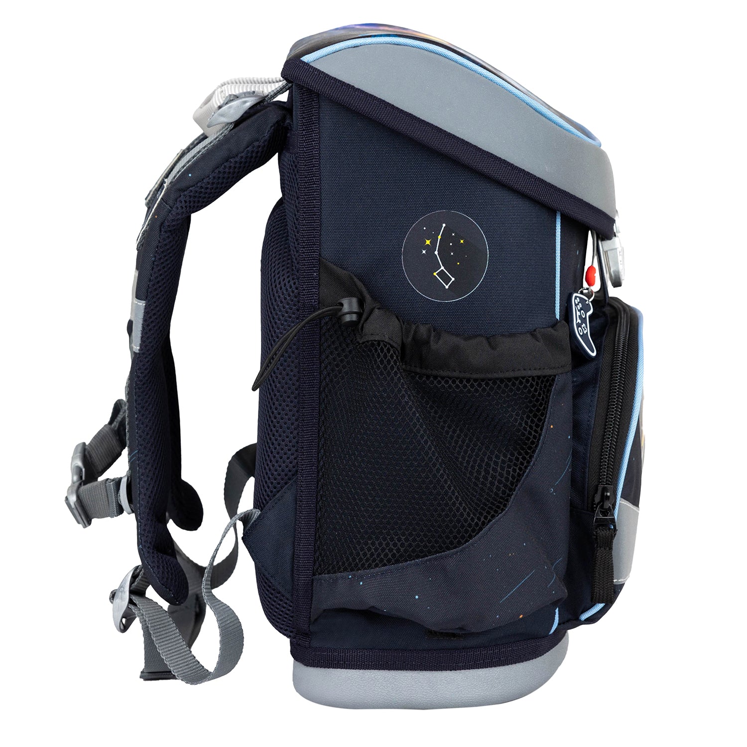 Demonstration of the reflective elements and secure metal buckle on the Ergonomic School Bag Set for Boys – Belmil Mini-Fit Orion (4 pcs) for enhanced visibility.