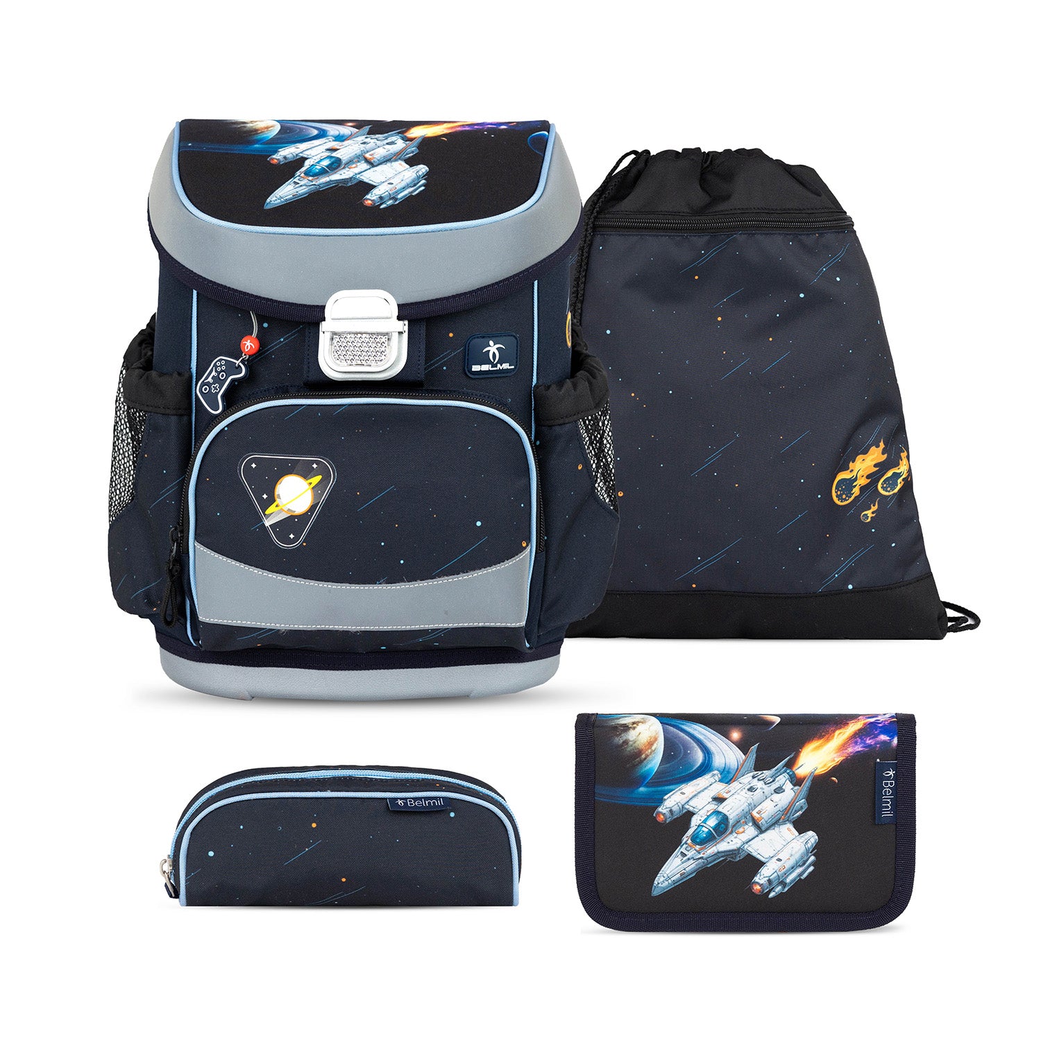 Front view of the Ergonomic School Bag Set for Boys – Belmil Mini-Fit Orion (4 pcs) showcasing a space-themed design with vibrant spaceship and planet graphics.