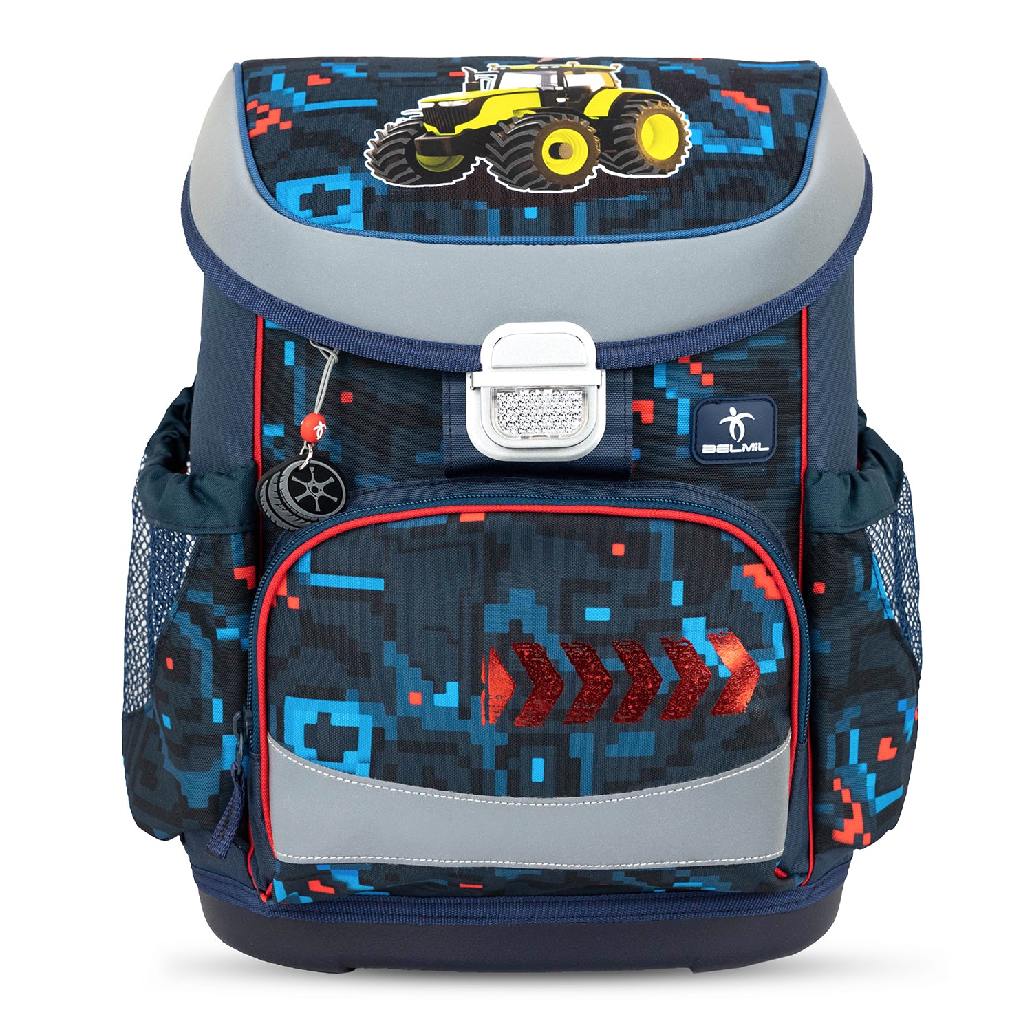 Inside view of the Belmil Mini-Fit Ergonomic School Bag Set 'Tractron' including smart layout and compartments for boys.