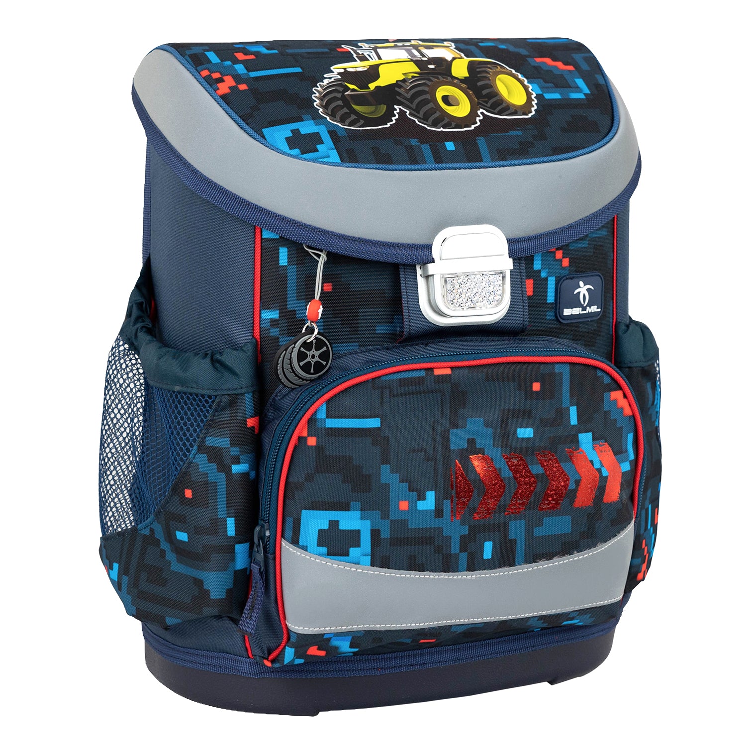 Close-up of the reflective metal buckle of the Belmil Mini-Fit Ergonomic School Bag Set 'Tractron' design for added safety.