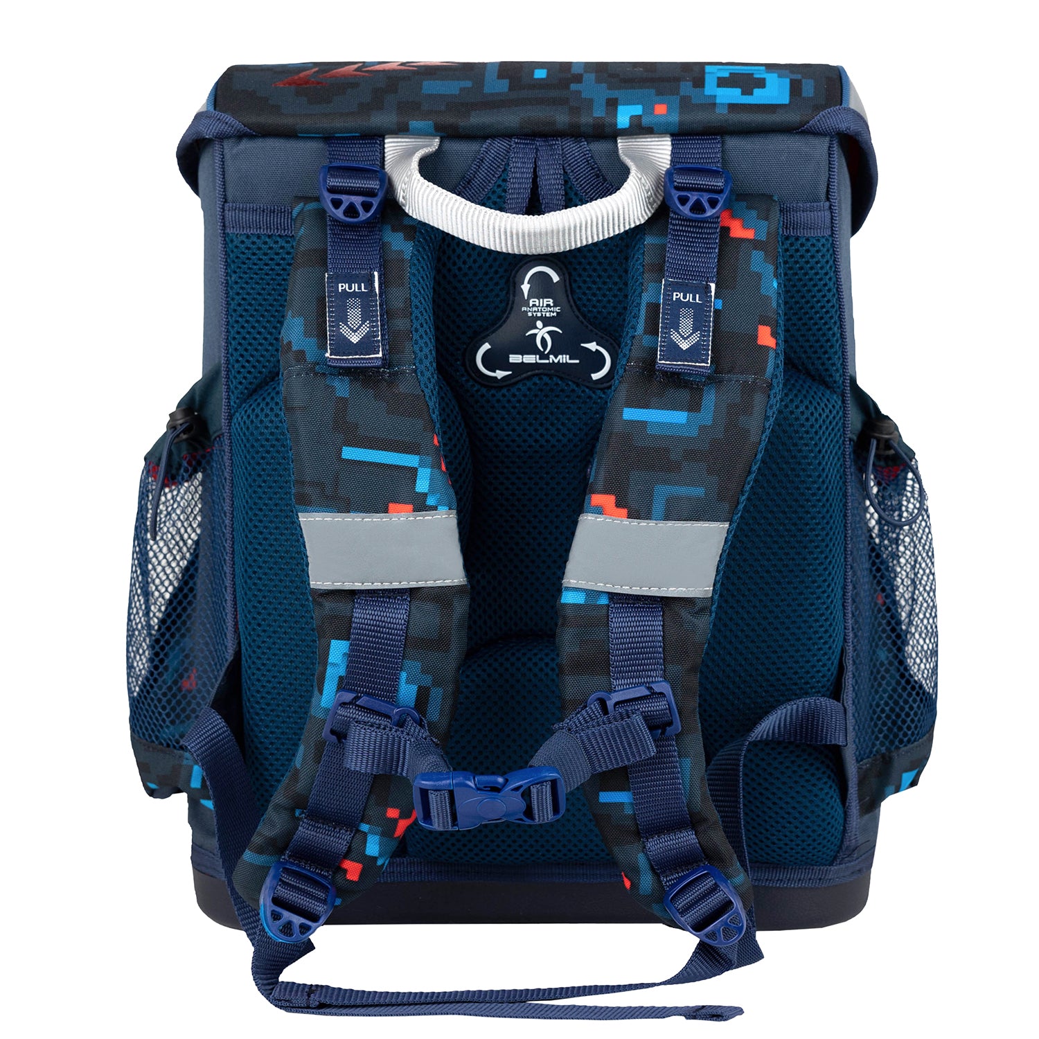 Bright pixel pattern on the Belmil Mini-Fit Ergonomic School Bag Set 'Tractron' designed for comfort and style for boys.